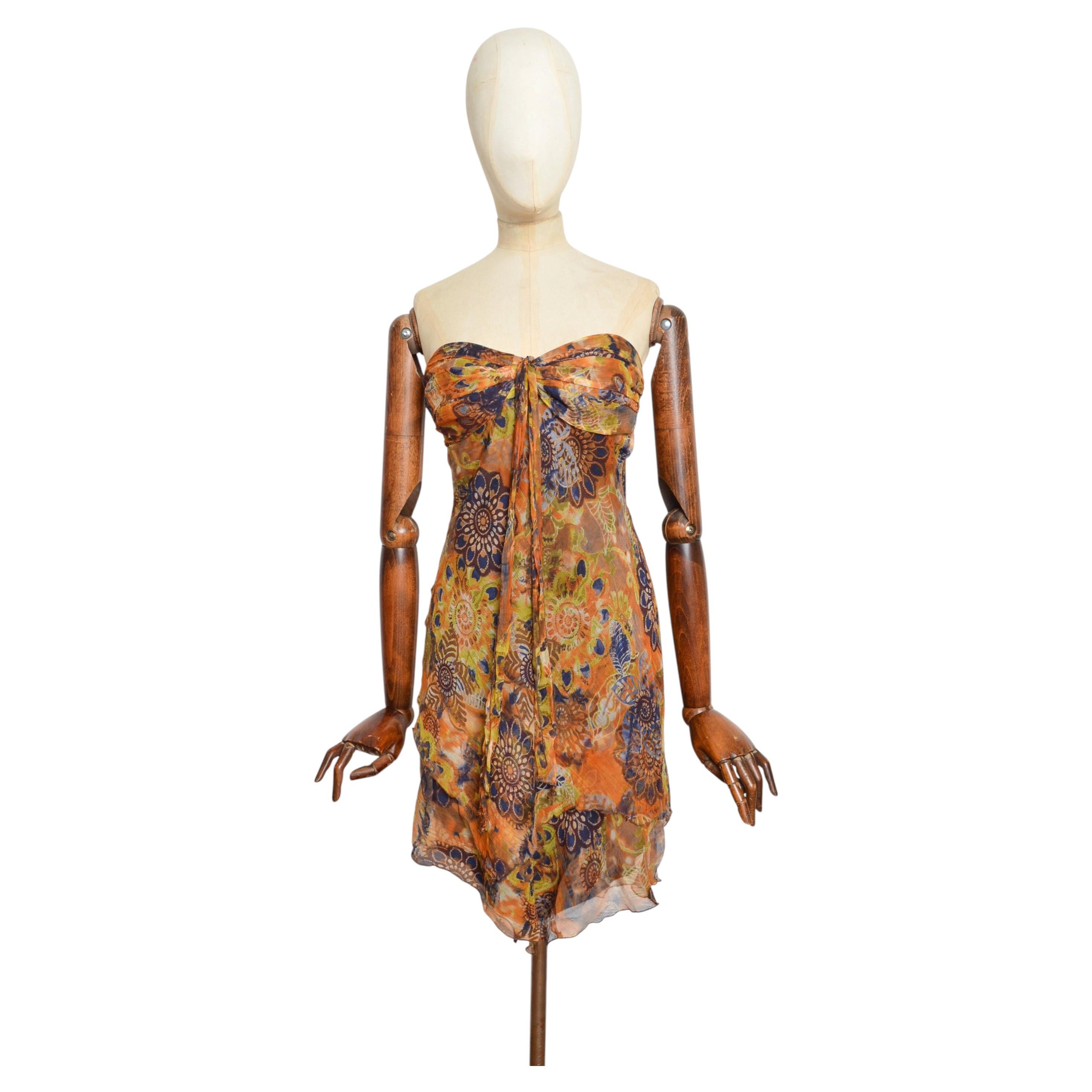 2000’s Strapless Vintage Italian Silk Boho Handkerchief hem Mini Dress