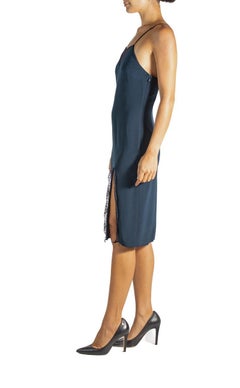 2000S Tamara Mellon Navy Blue Silk & Lace Dress With Slit, Nwt