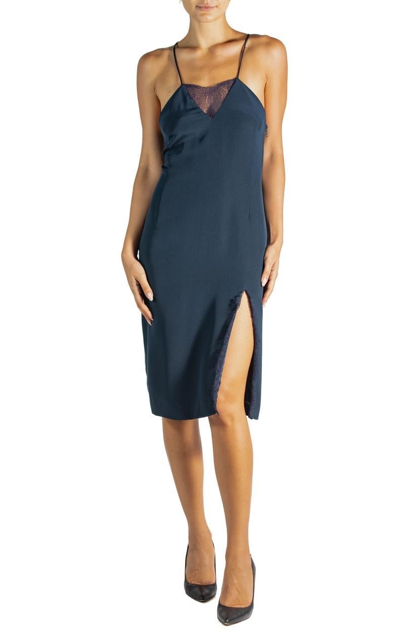 2000S Tamara Mellon Navy Blue Silk & Lace Dress With Slit, Nwt For Sale 1