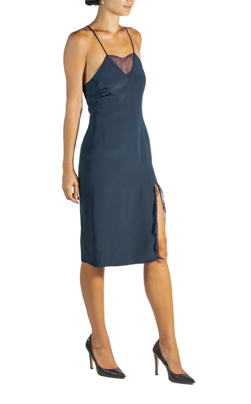 2000S Tamara Mellon Navy Blue Silk & Lace Dress With Slit, Nwt For Sale 2