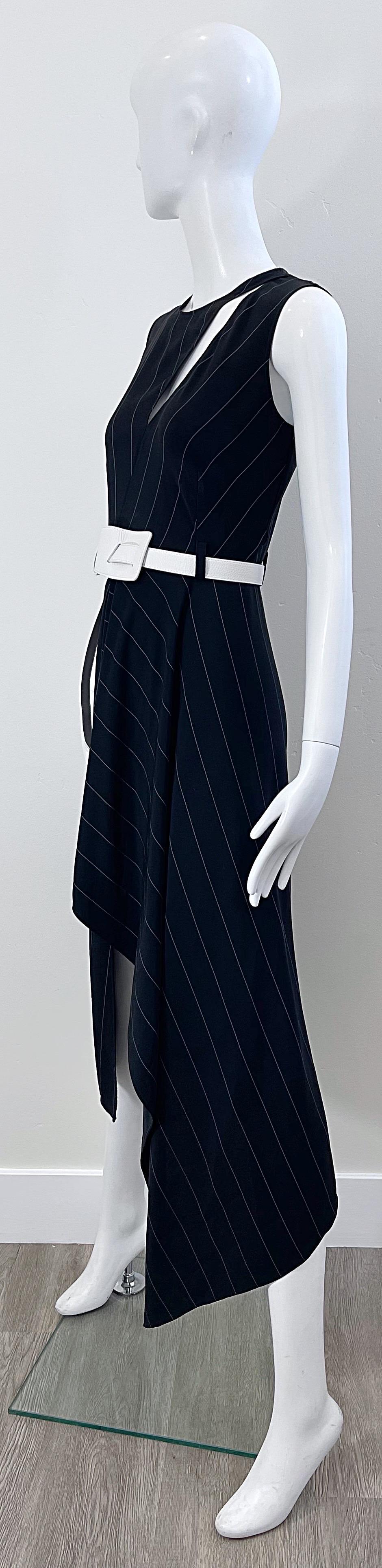2000s Thierry Mugler Black and White Size 38 / 6 Pinstripe Hi-Lo Vintage Dress For Sale 5