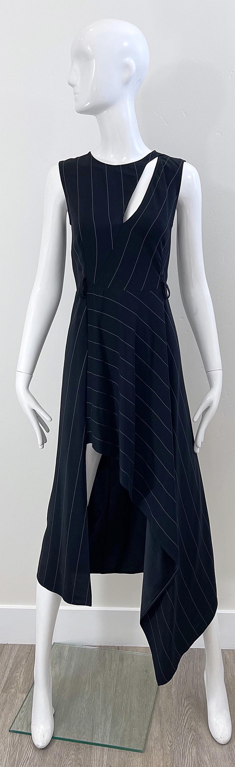 2000s Thierry Mugler Black and White Size 38 / 6 Pinstripe Hi-Lo Vintage Dress For Sale 9