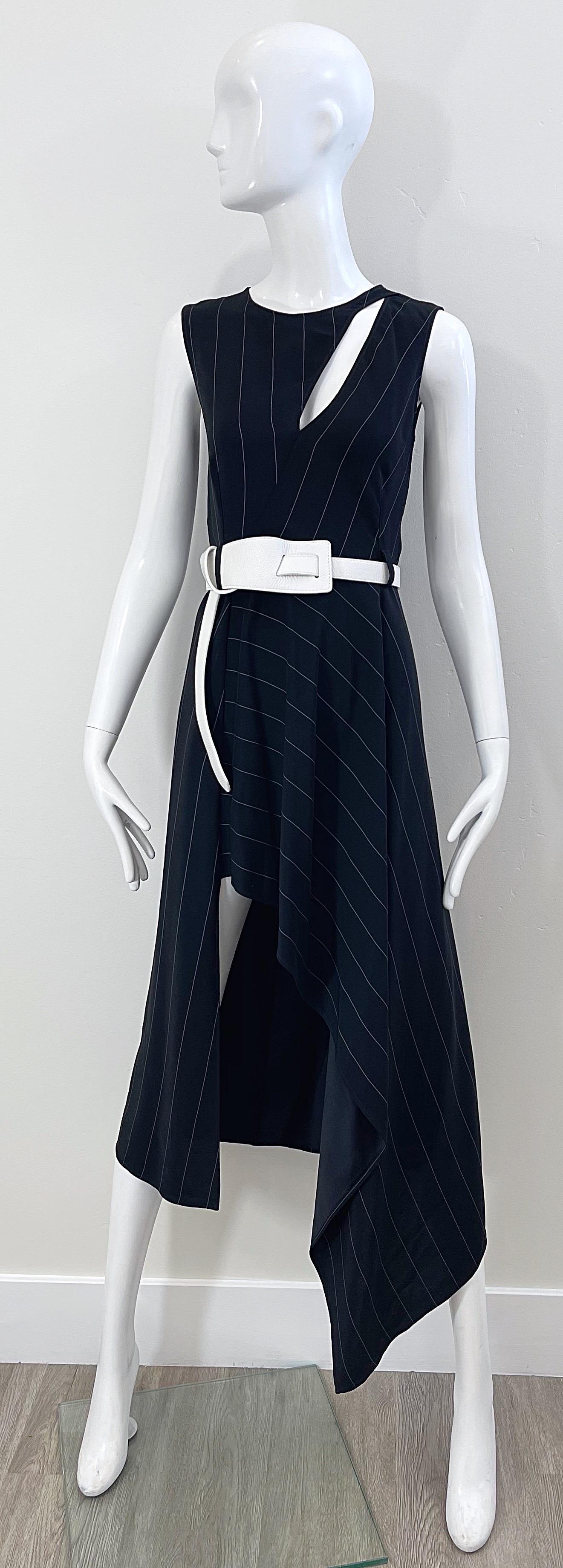 2000s Thierry Mugler Black and White Size 38 / 6 Pinstripe Hi-Lo Vintage Dress For Sale 11