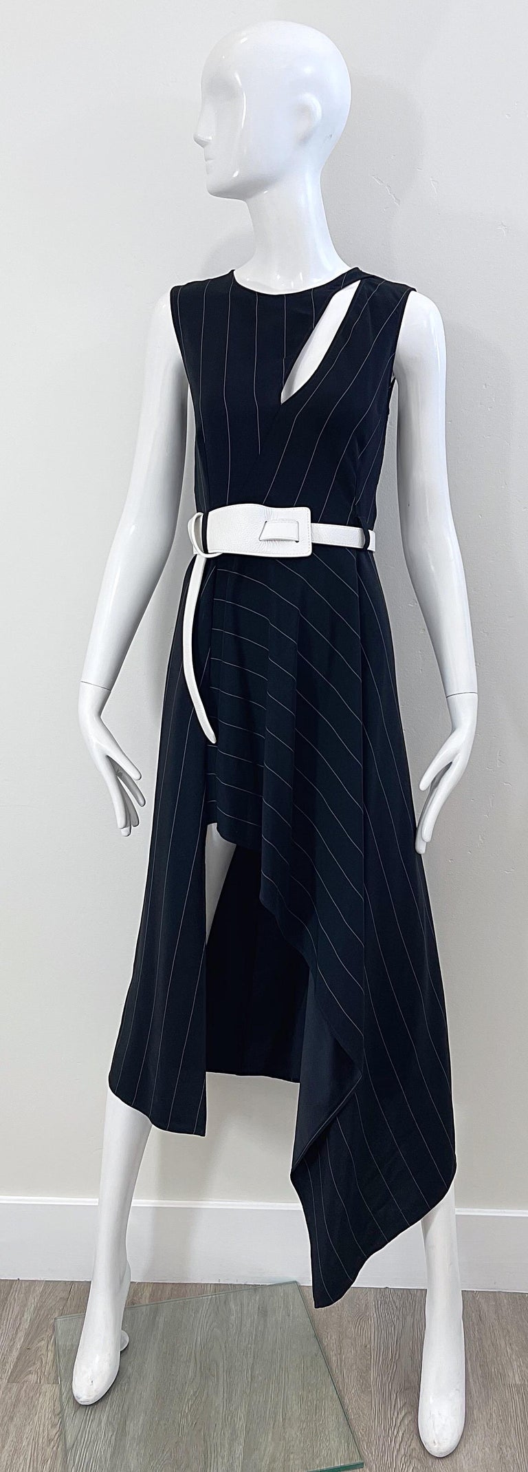 2000s Thierry Mugler Black and White Size 38 / 6 Pinstripe Hi-Lo Vintage Dress For Sale 13
