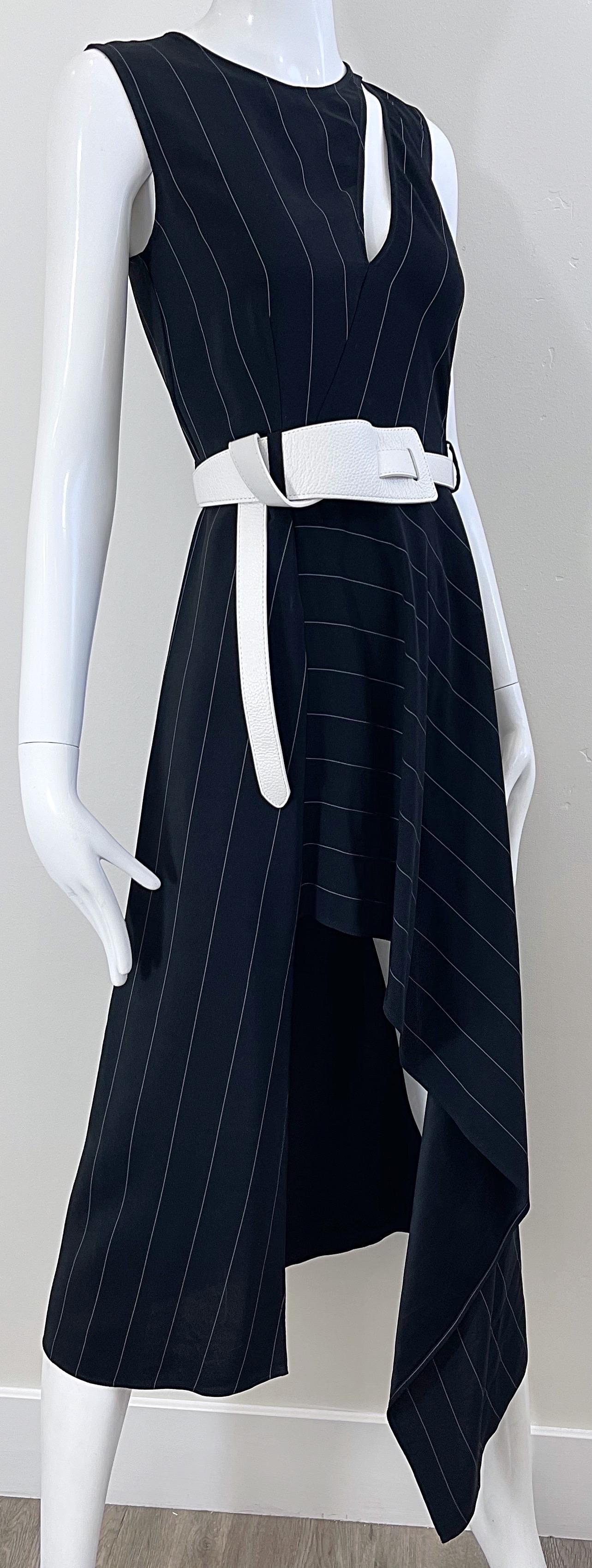 2000s Thierry Mugler Black and White Size 38 / 6 Pinstripe Hi-Lo Vintage Dress For Sale 12