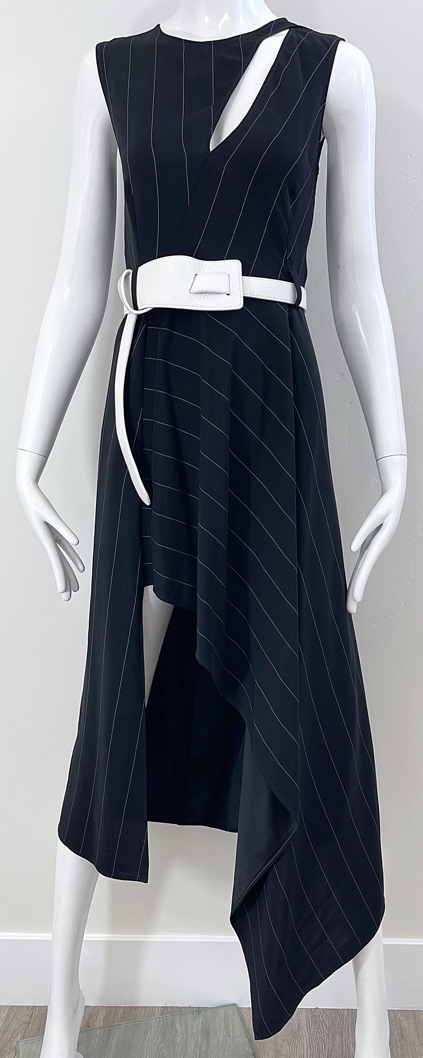 2000s Thierry Mugler Black and White Size 38 / 6 Pinstripe Hi-Lo Vintage Dress For Sale 14
