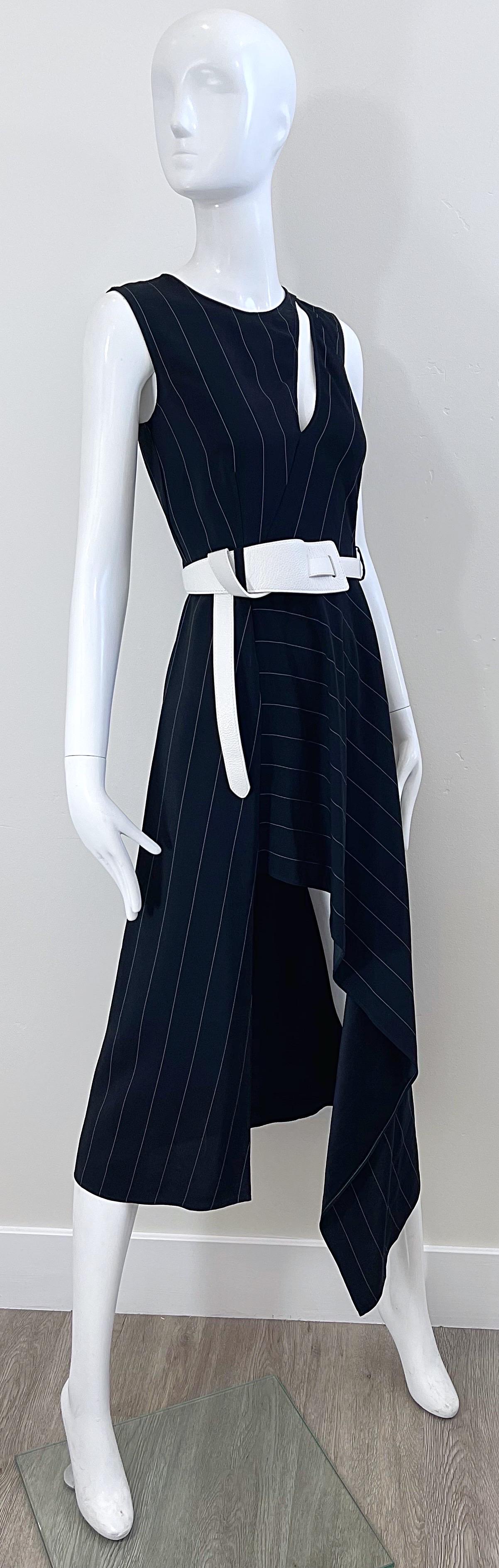Women's 2000s Thierry Mugler Black and White Size 38 / 6 Pinstripe Hi-Lo Vintage Dress For Sale