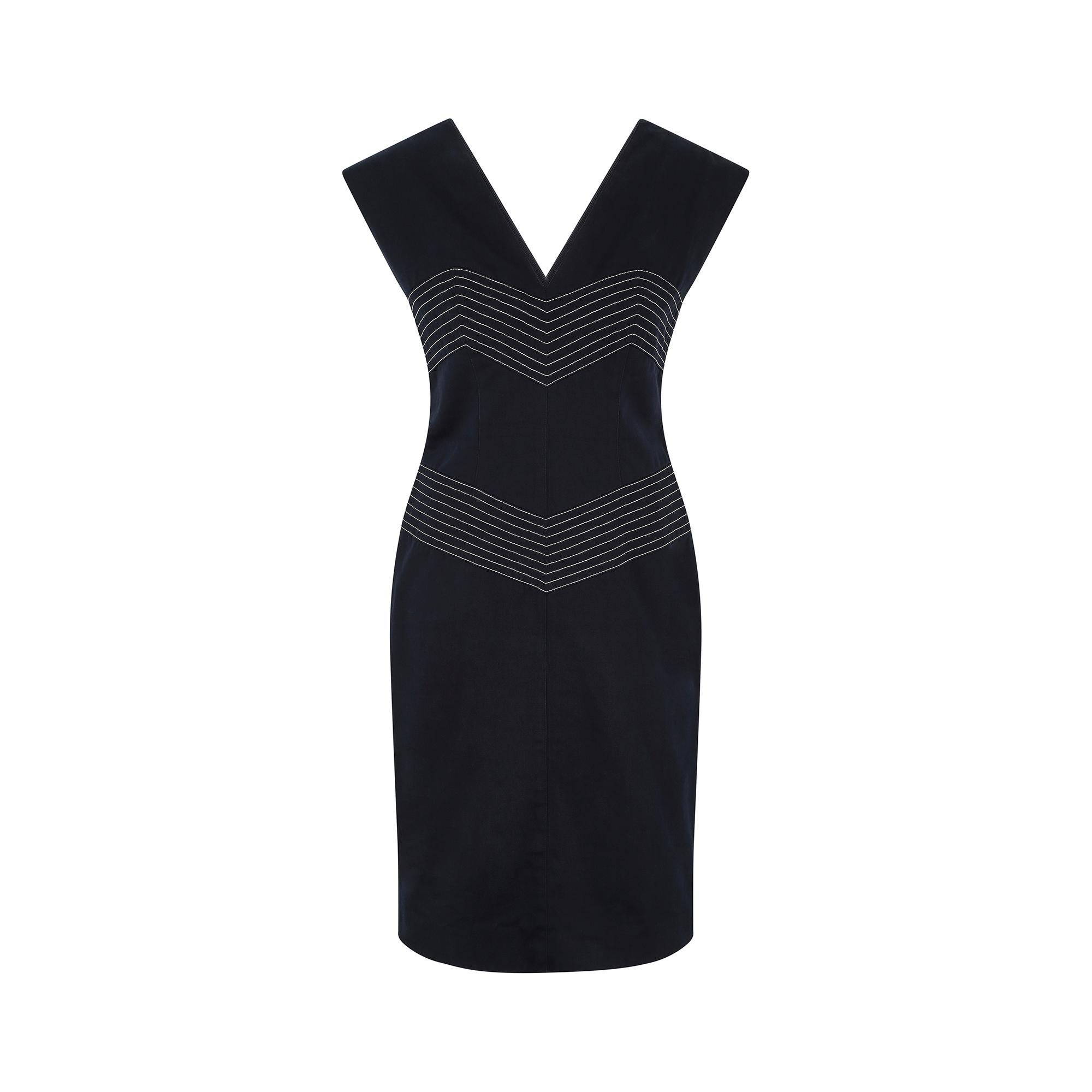 This form-fitting, Y2K sleeveless dress was made in France by Thierry Mugler circa 2000-2001 and is from his high-end couture line. The master of hyper-feminine tailoring, Mugler designed it to echo the curves of the body. It is tailored from
