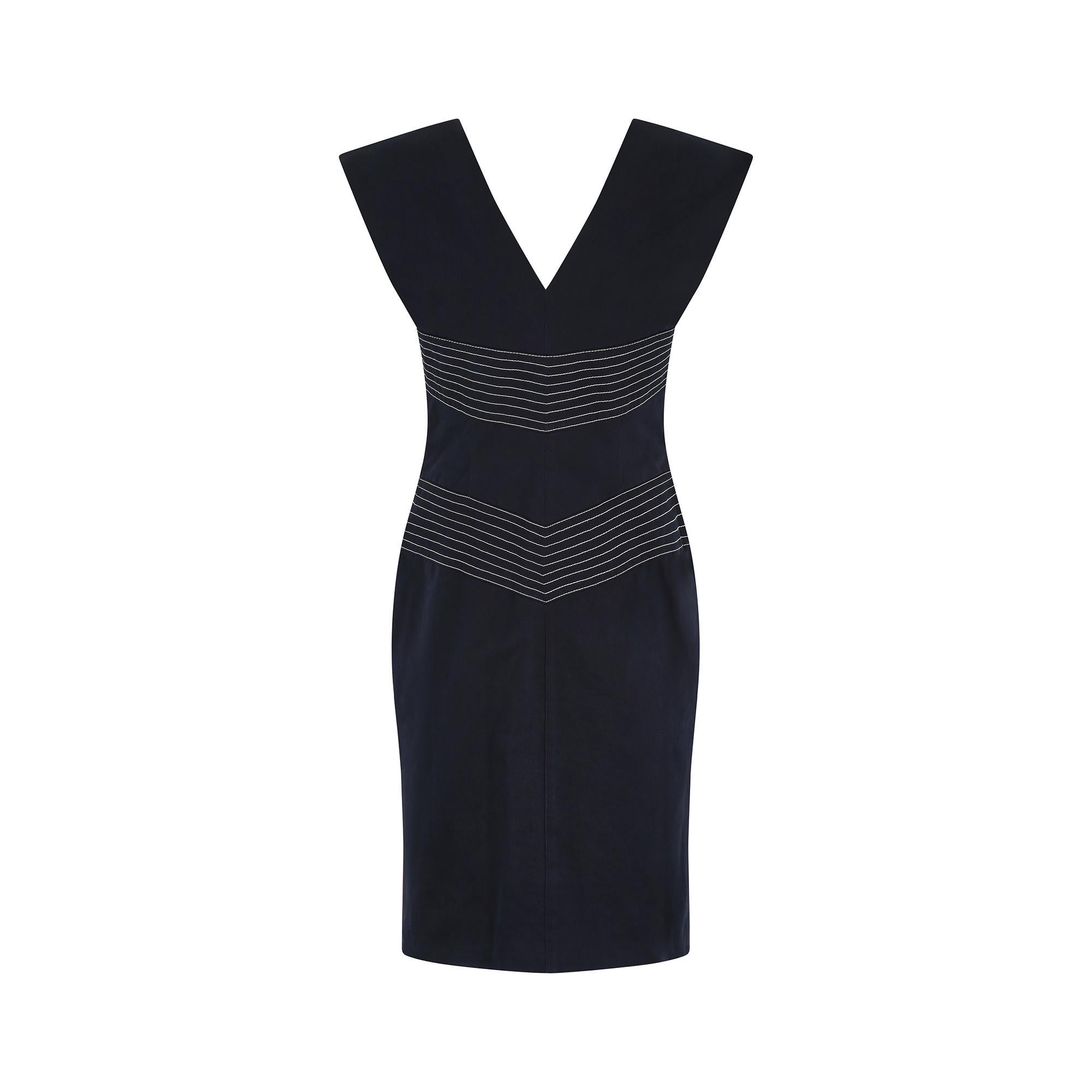 2000s Thierry Mugler Couture Navy Cotton Chevron Dress In Excellent Condition For Sale In London, GB