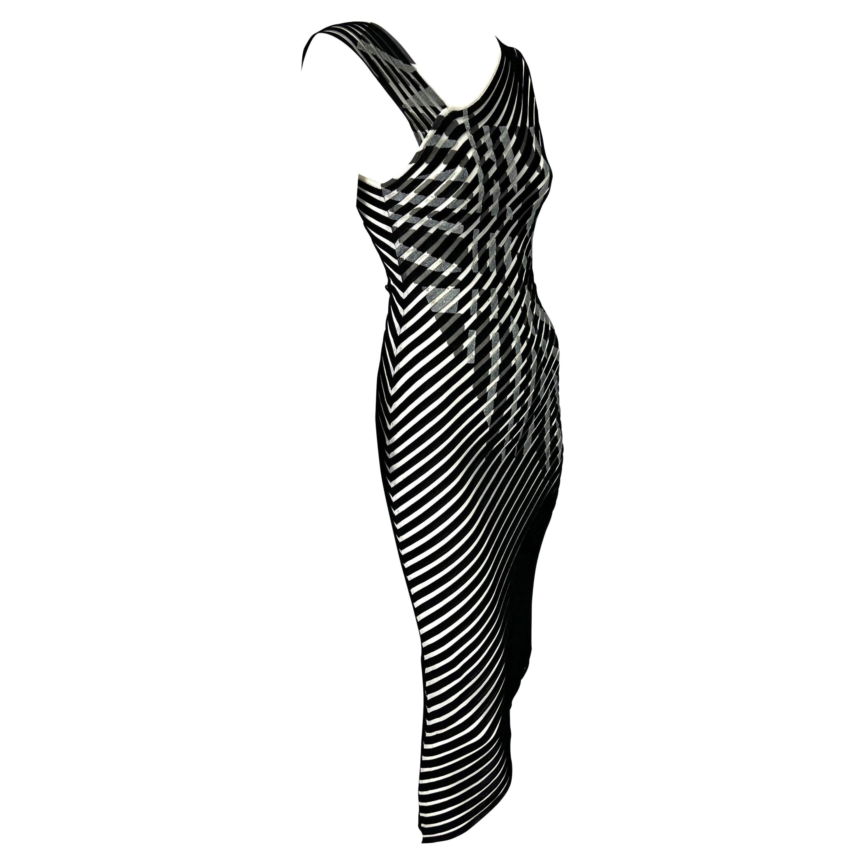 Black 2000s Thierry Mugler Couture Sheer Knit Stripe Silver Metallic Painted Dress