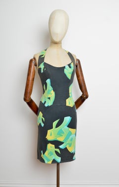 2000's THIERRY MUGLER Graffiti Tag Print Slogan Halter Neck Denim Dress