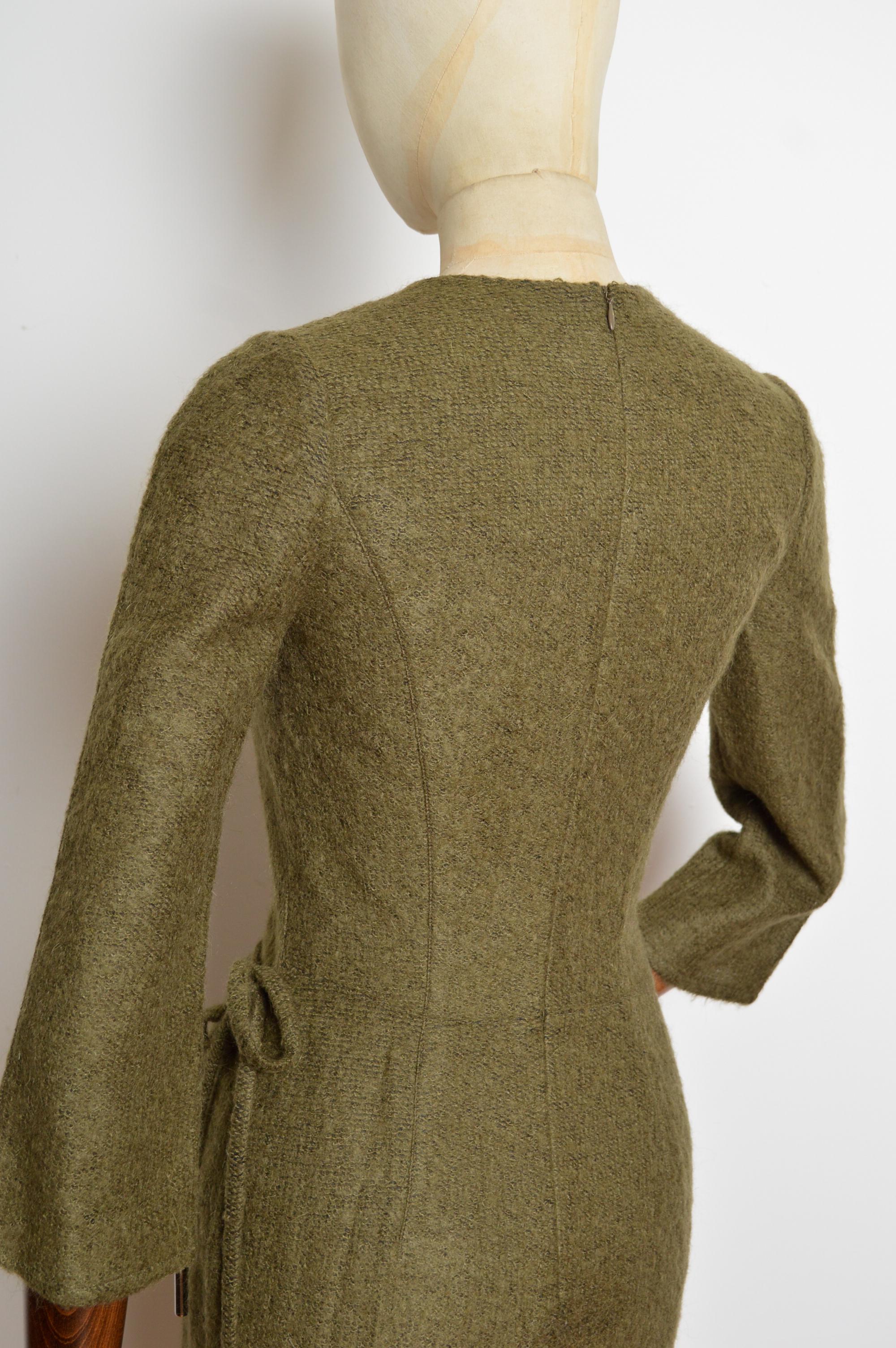 2000er Thierry Mugler Khaki Olive Grün Vintage Fuzzi Wolle Langarm Kleid im Angebot 7