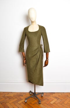 2000s Thierry Mugler Khaki Olive Green Vintage Fuzzy Wool Long Sleeve Dress