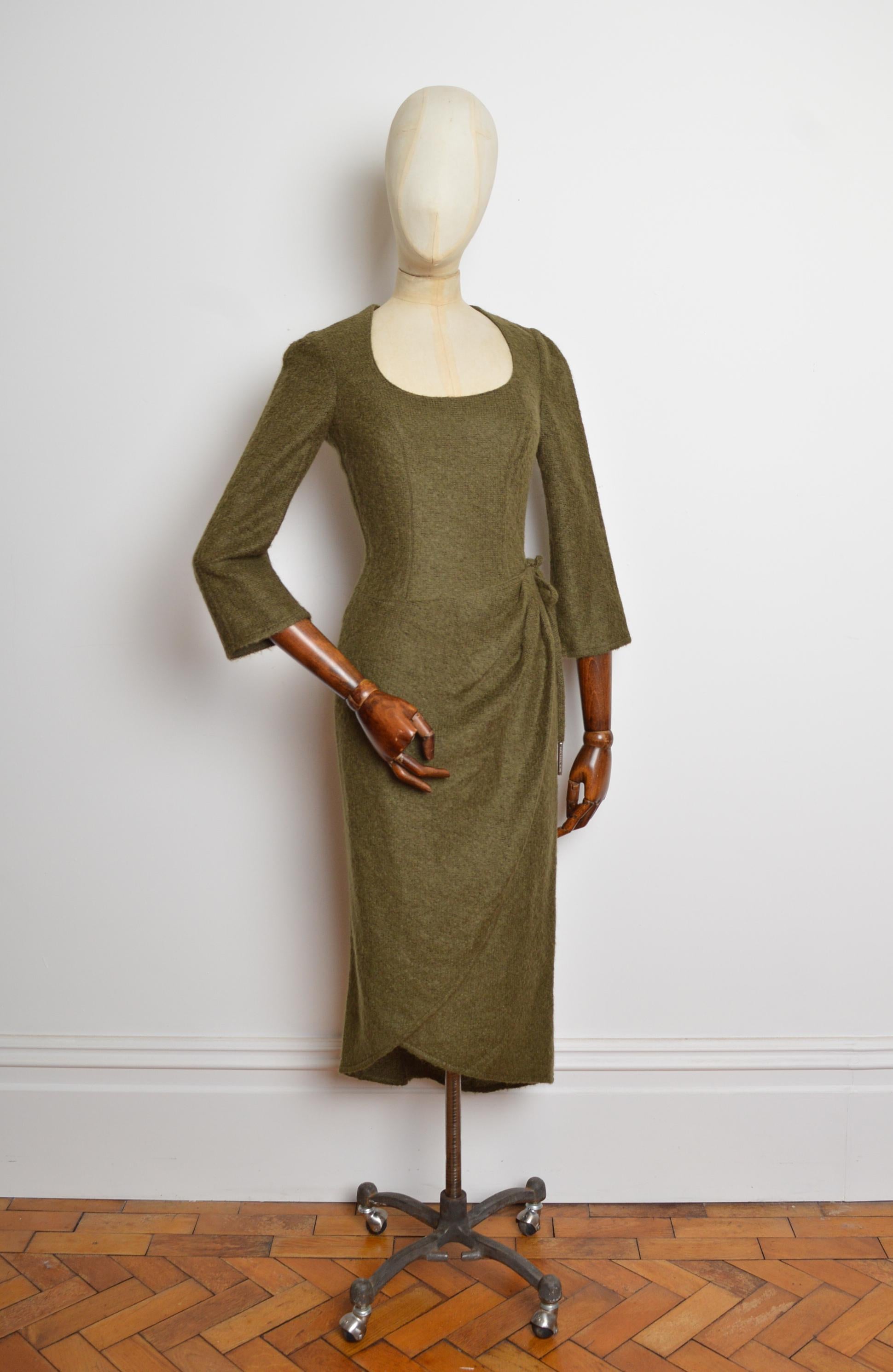 2000er Thierry Mugler Khaki Olive Grün Vintage Fuzzi Wolle Langarm Kleid im Angebot 1