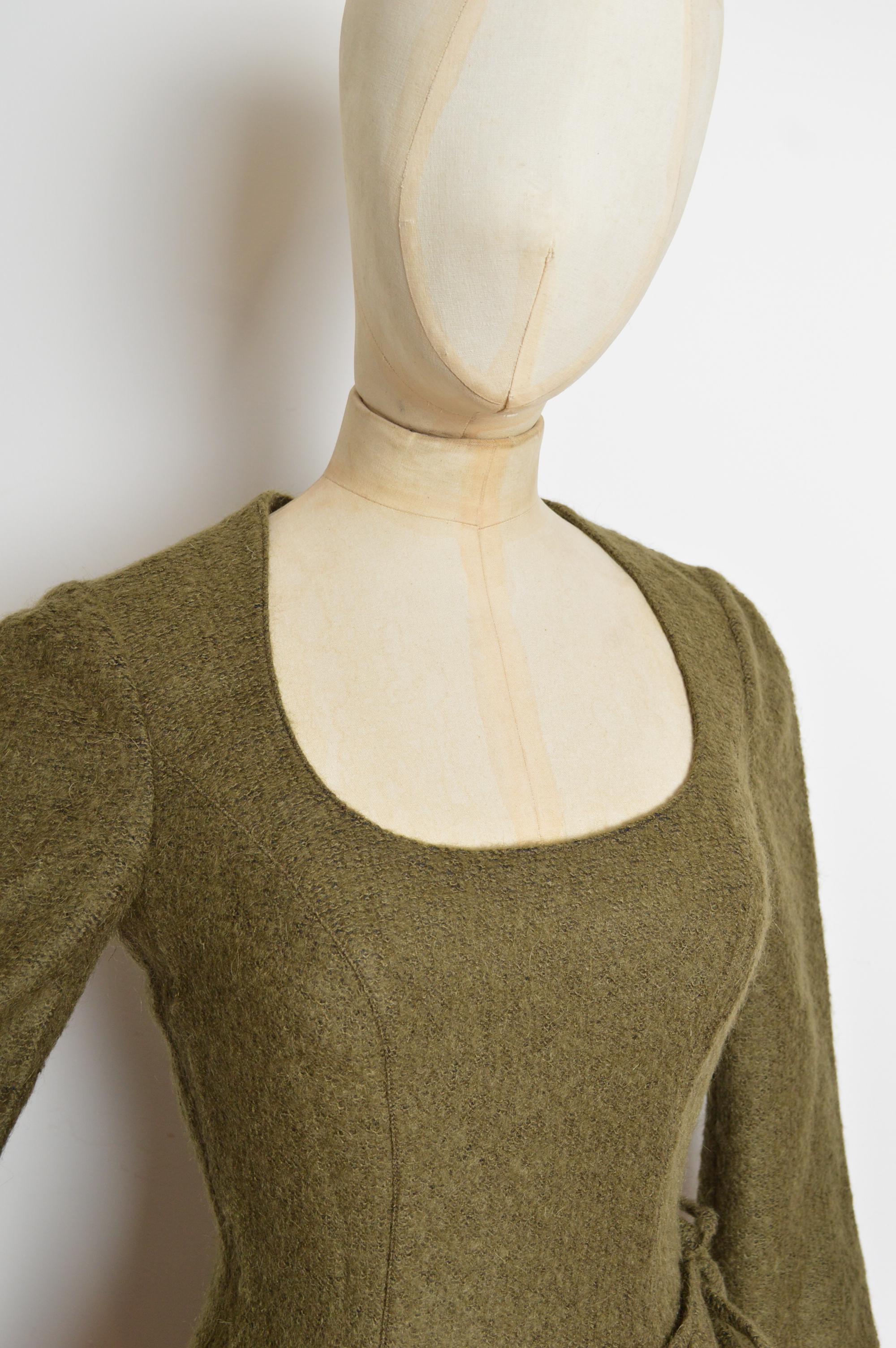 2000er Thierry Mugler Khaki Olive Grün Vintage Fuzzi Wolle Langarm Kleid im Angebot 2