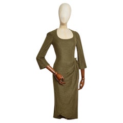 2000s Thierry Mugler Khaki Olive Green Vintage Fuzzy Wool Long Sleeve Dress