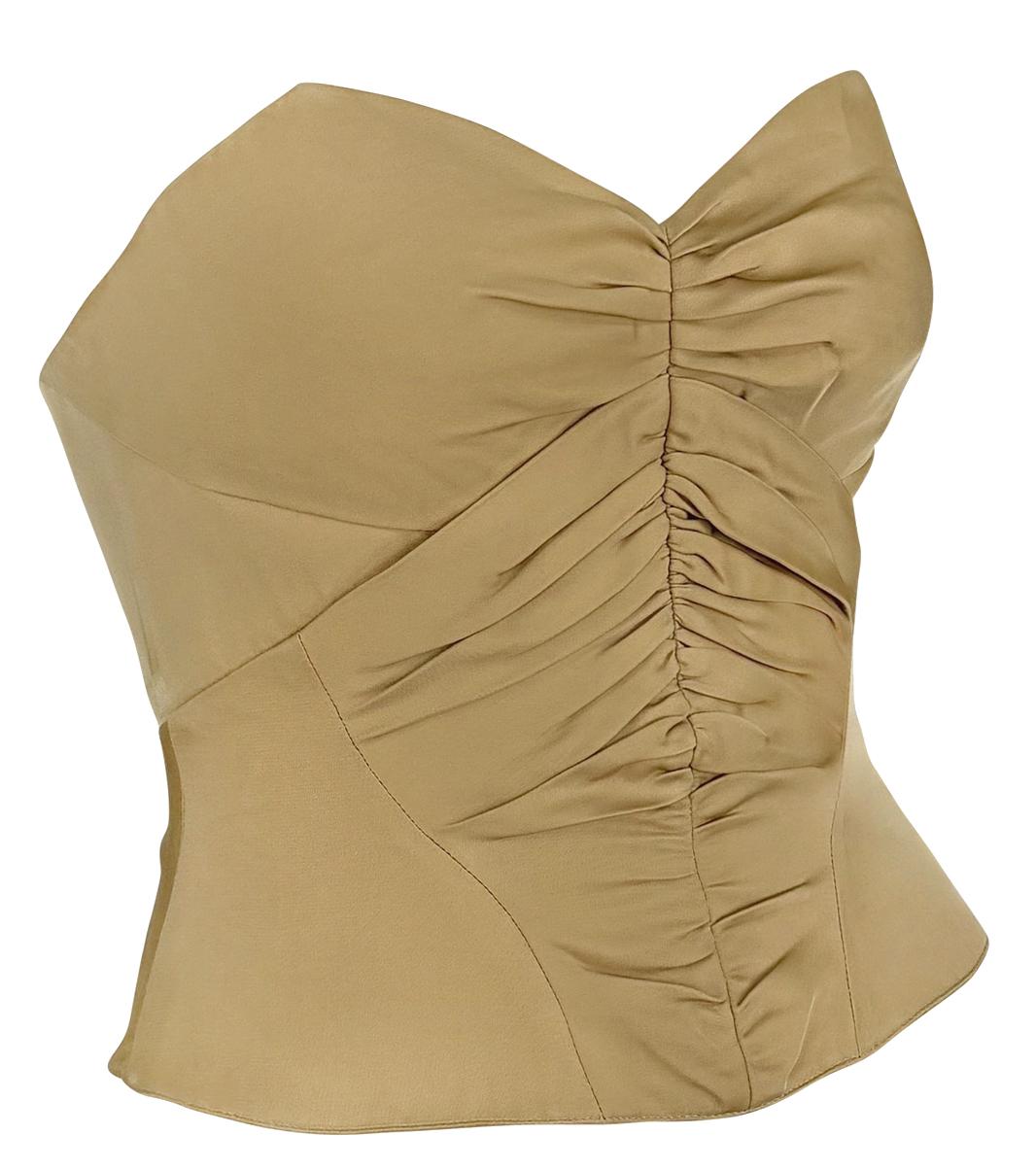 2000er Thierry Mugler Khakifarbenes gerafftes trägerloses Korsett-Bustier-Top mit Boned im Angebot 1