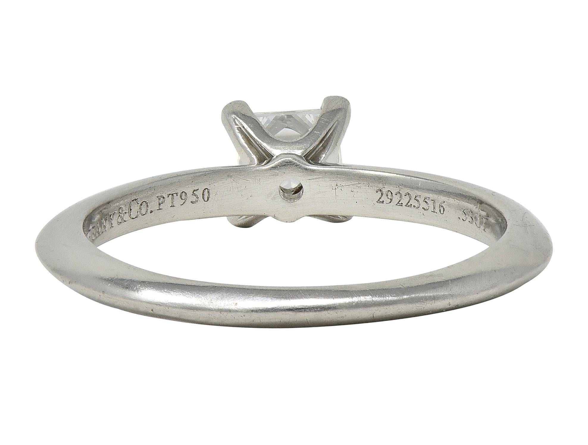 Contemporary 2000's Tiffany & Co. 0.53 CTW Princess Cut Diamond Platinum Engagement Ring For Sale