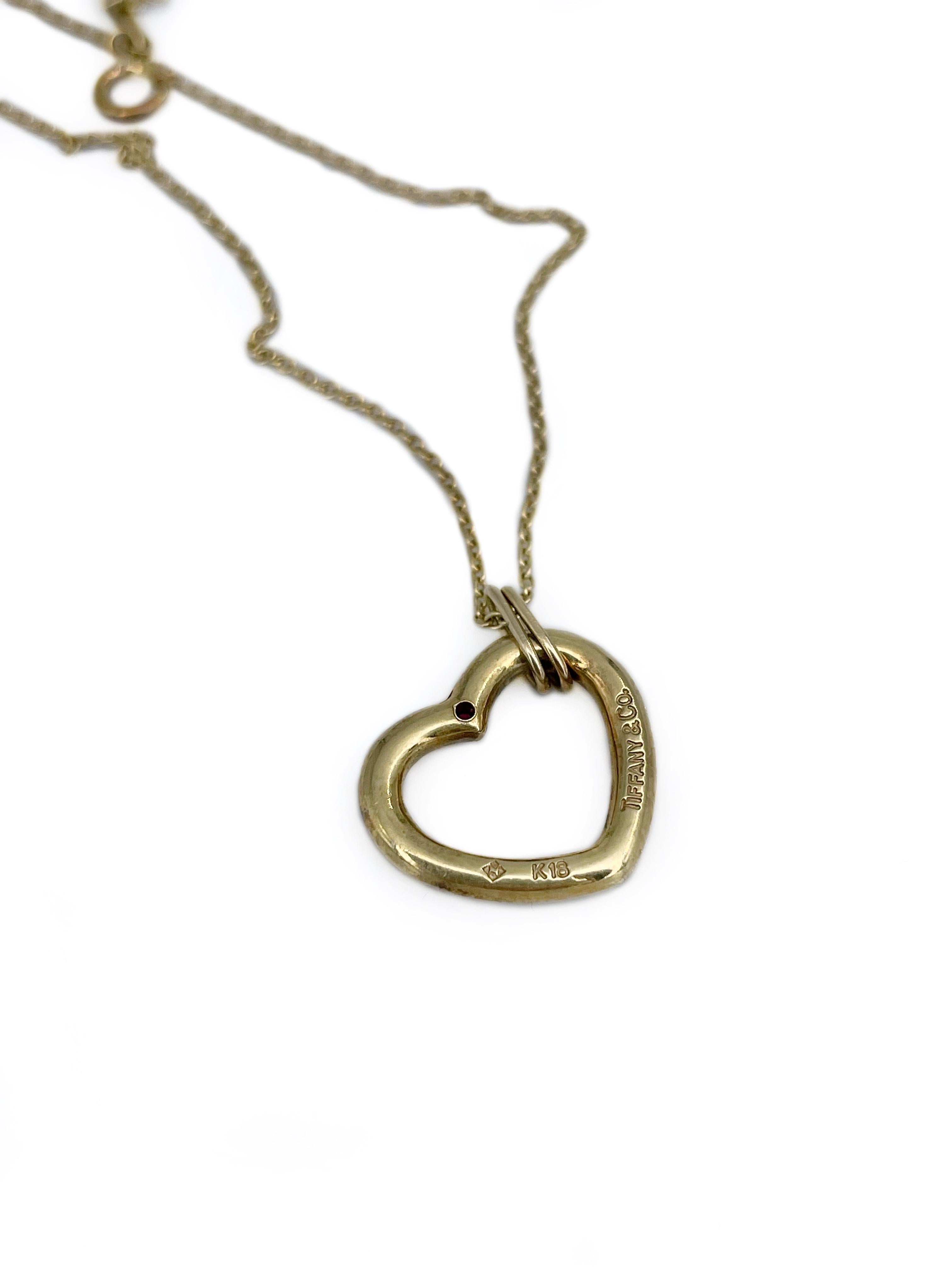 Modern 2000s Tiffany & Co. 18 Karat Yellow Gold Ruby Heart Pendant Necklace