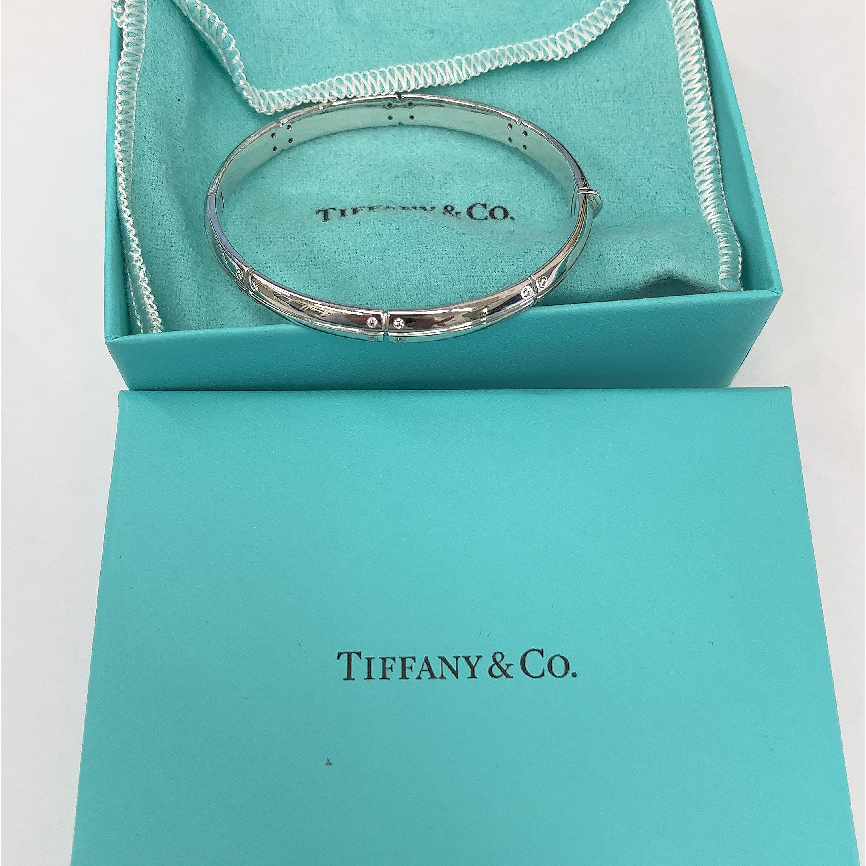 
Elevate your style with this luxurious Tiffany & Co Diamond Streamerica Bangle Bracelet 
Set In 18ct White Gold with 0.36ct Brilliant cut Natural Diamonds.
Its understated elegance is enhanced by delicate diamonds detailing, offering an ideal