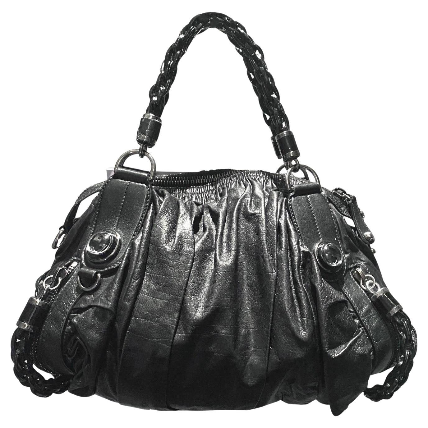 2000s Tom Ford for Gucci Black GG Leather Abbey Medium Shoulder Bag