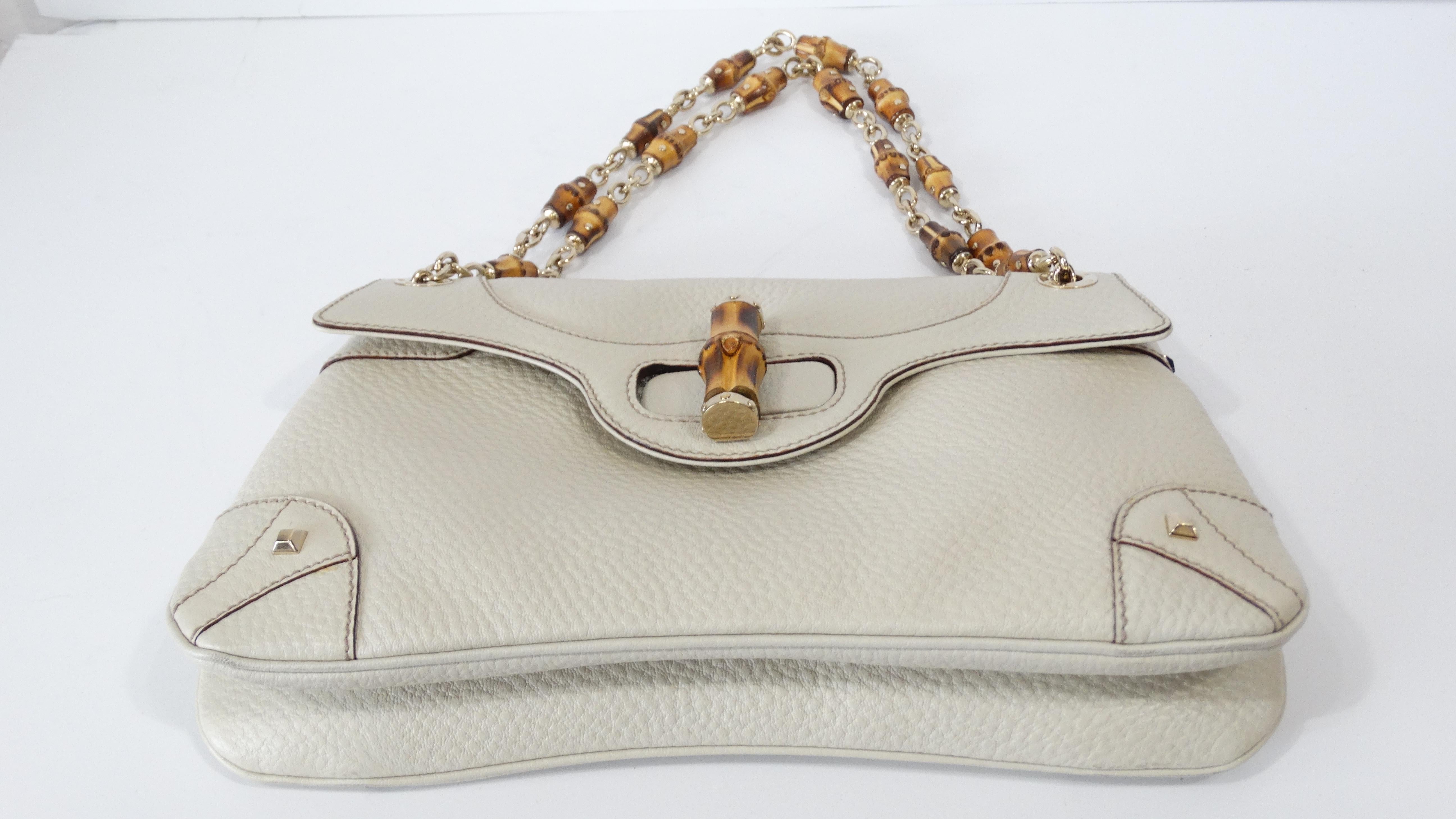 Tom Ford For Gucci 2000s Cream Pebbled Leather Bamboo Shoulder Bag 5