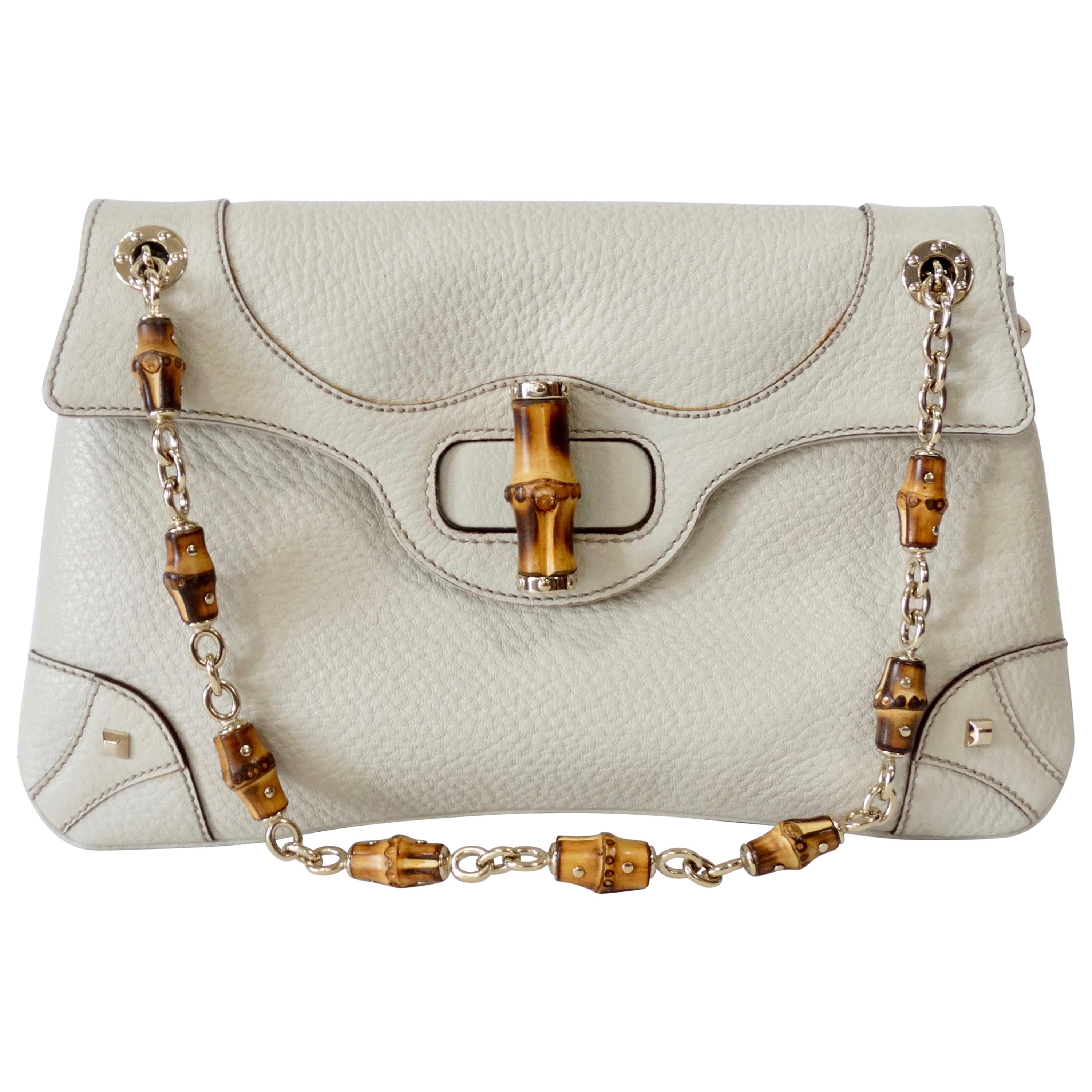 Tom Ford For Gucci 2000s Cream Pebbled Leather Bamboo Shoulder Bag