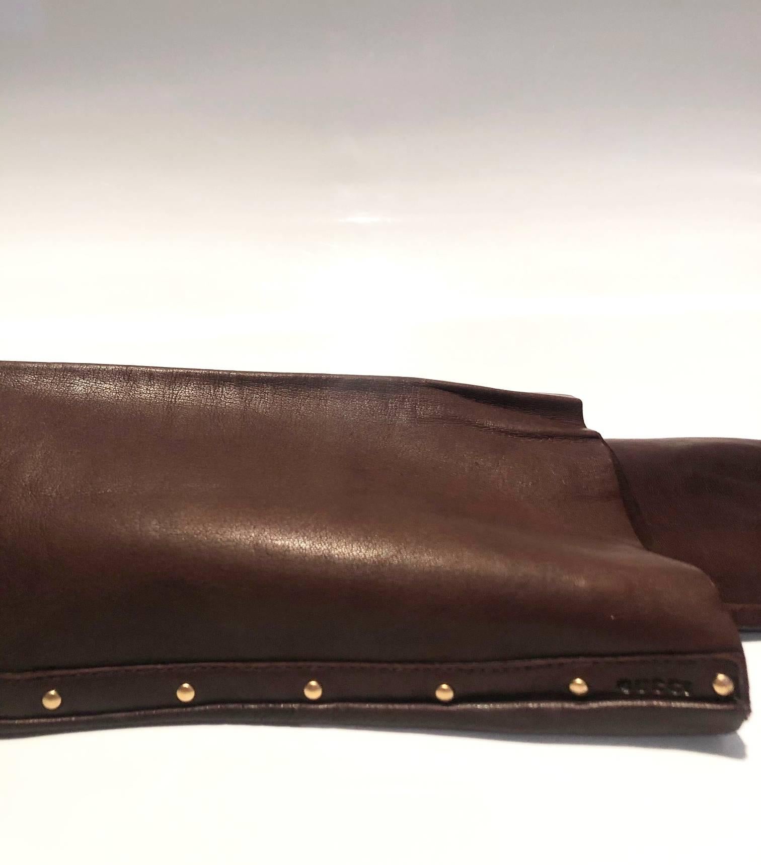 2000s Tom Ford for Gucci Runway Brown Leather Stud Elbow Gloves 4