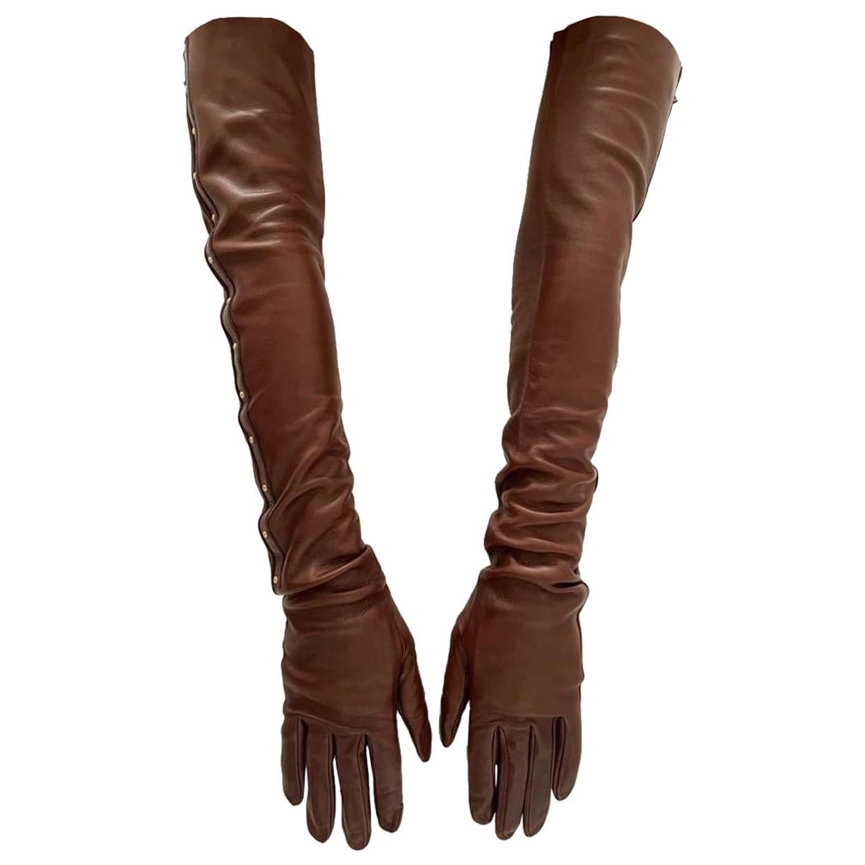 2000s Tom Ford for Gucci Runway Brown Leather Stud Elbow Gloves