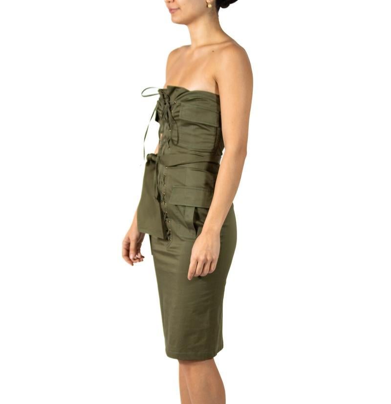 2000S TOM FORD YVES SAINT LAURENT Olive Green Cotton/Lycra Strapless Safari Dre In Excellent Condition For Sale In New York, NY