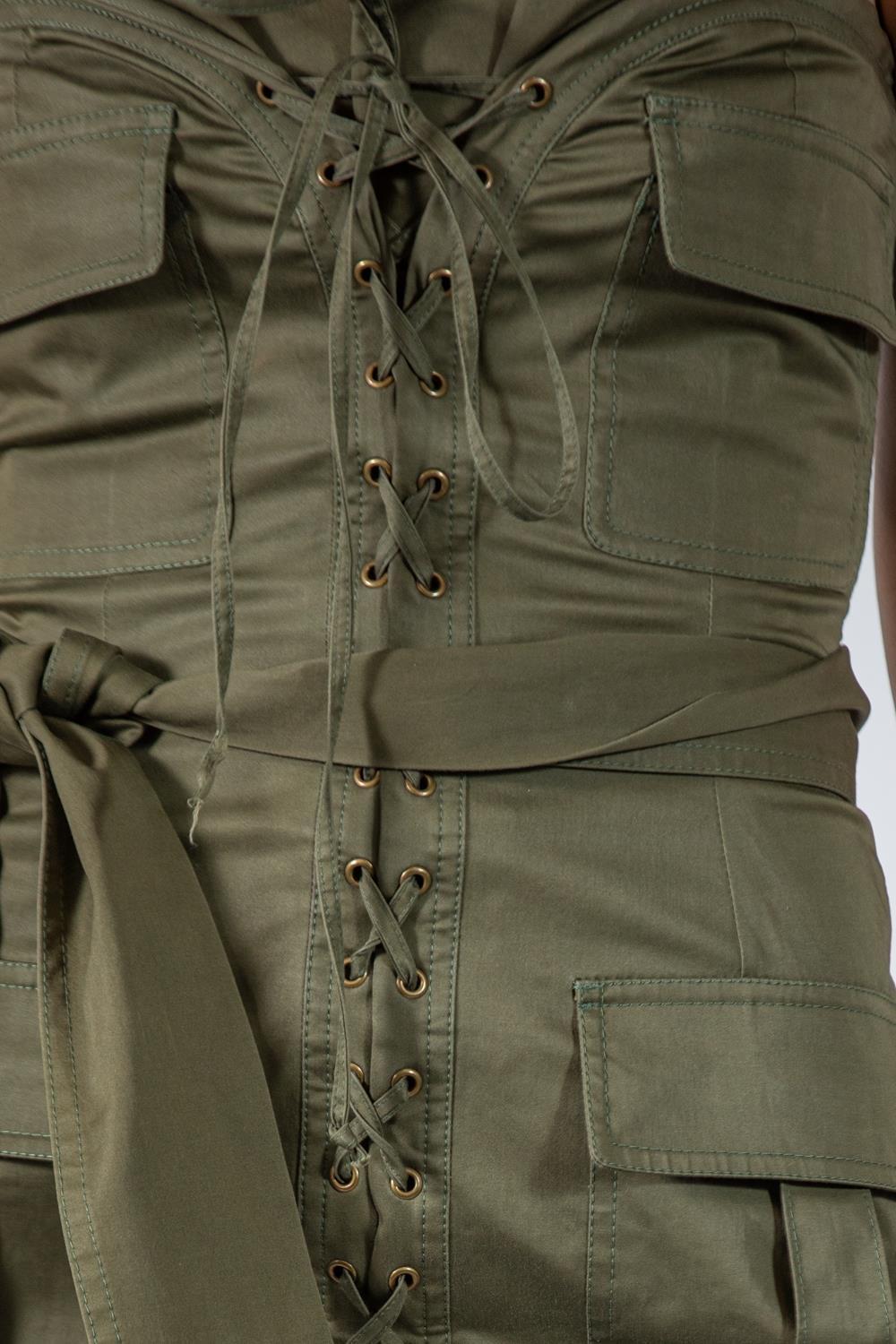 2000er TOM FORD YVES SAINT LAURENT Olivgrünes trägerloses Safari-Kleid aus Baumwolle/Lycra im Angebot 4