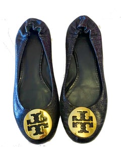 2000s Tory Burch Navy Blue Leather Minnie Ballet Flats Size 37.5
