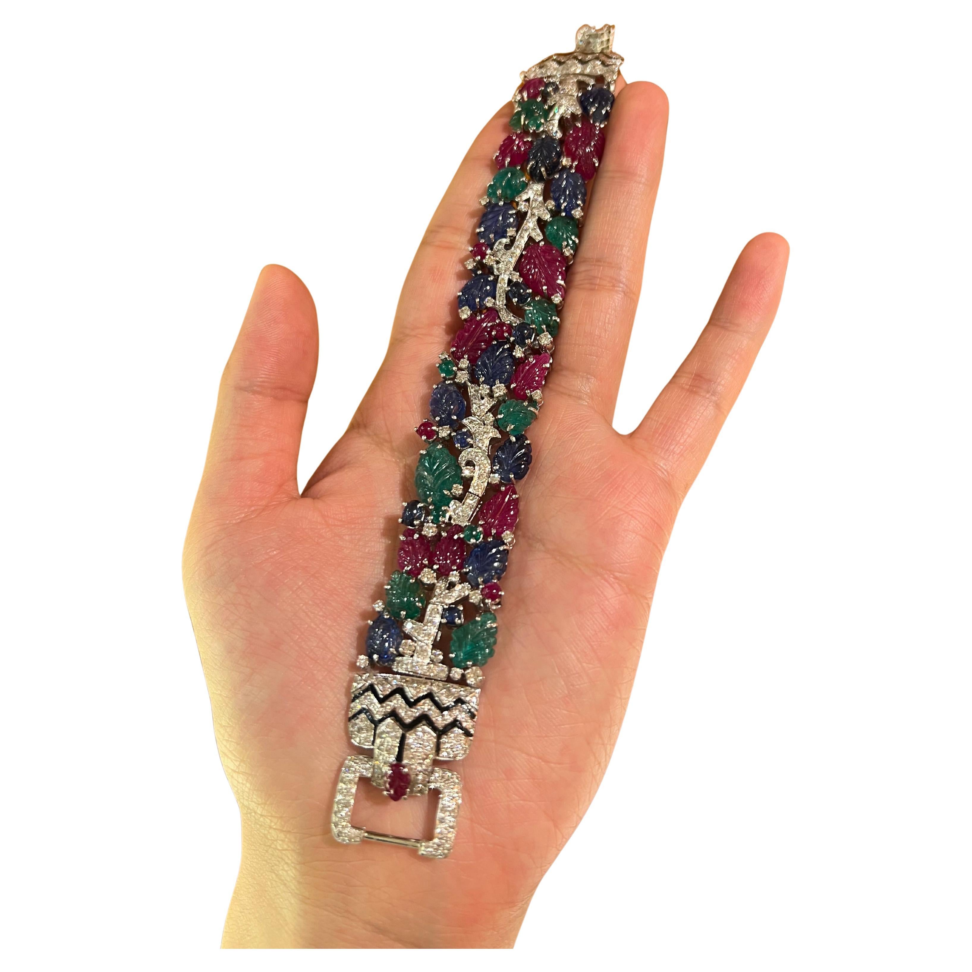 2000s Tutti Frutti Style Ruby Sapphire Emerald Diamond Bracelet en vente