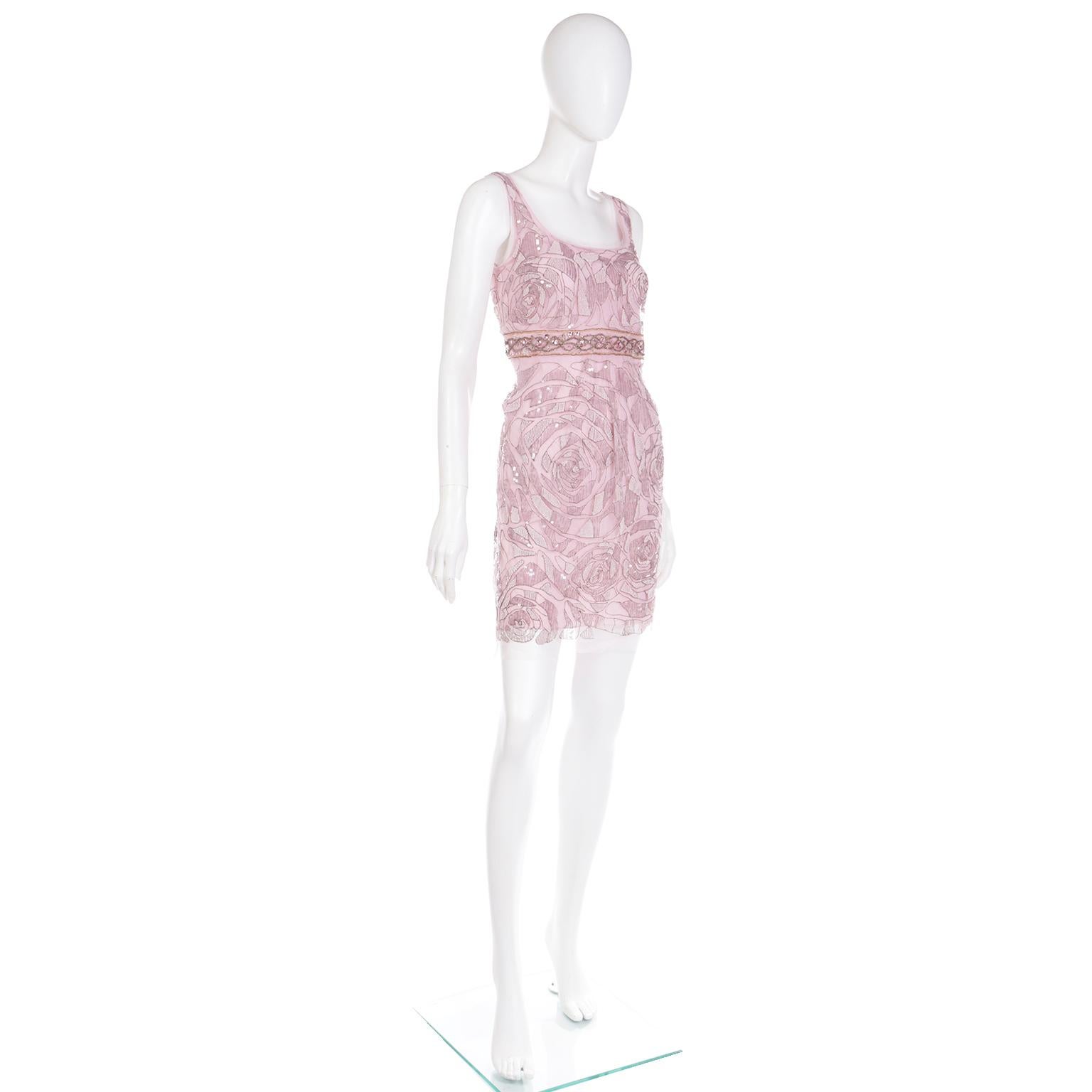 2000s Ungaro Rose Pink Beaded Sequin Evening Dress w Pink Crystals In Excellent Condition For Sale In Portland, OR
