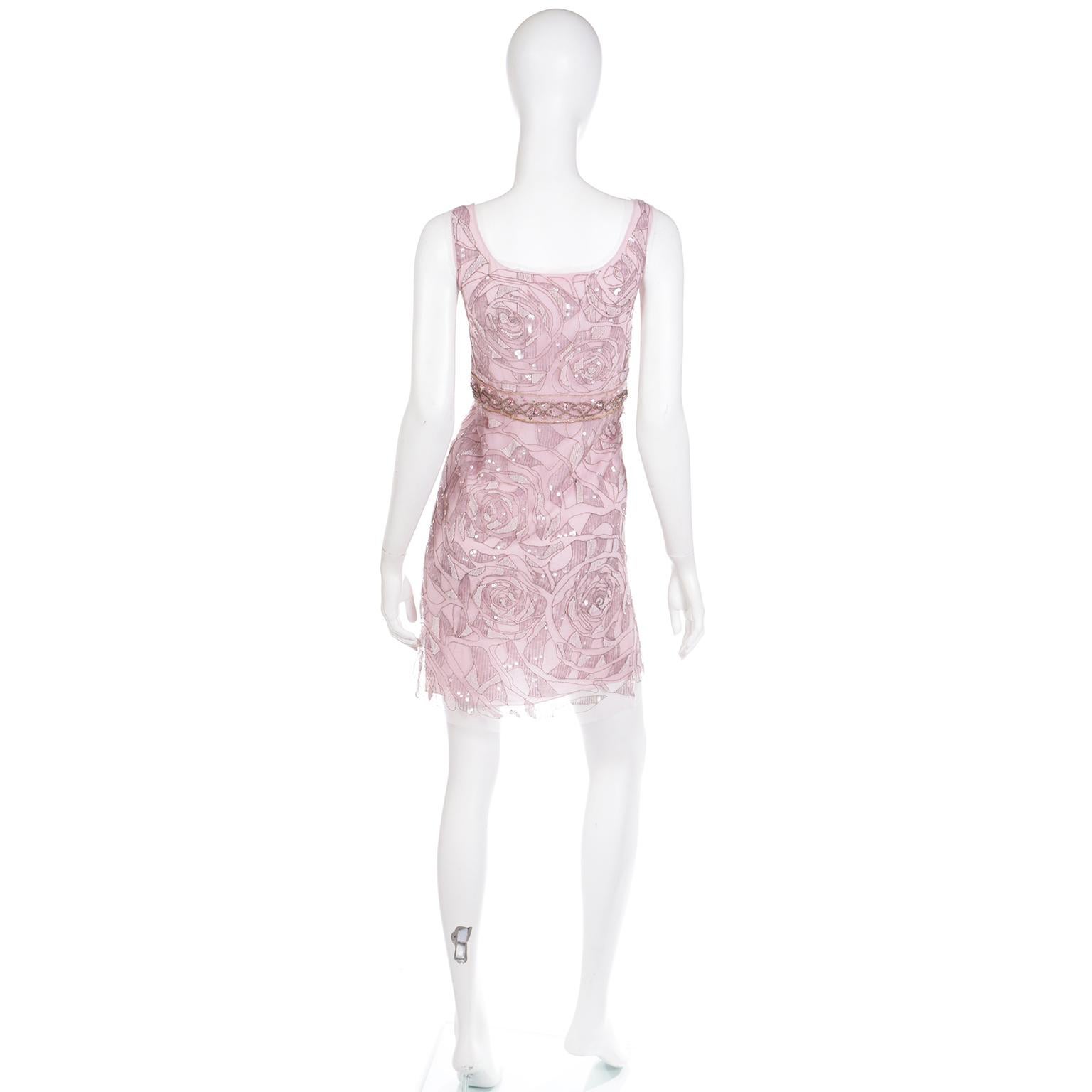 Women's 2000s Ungaro Rose Pink Beaded Sequin Evening Dress w Pink Crystals For Sale