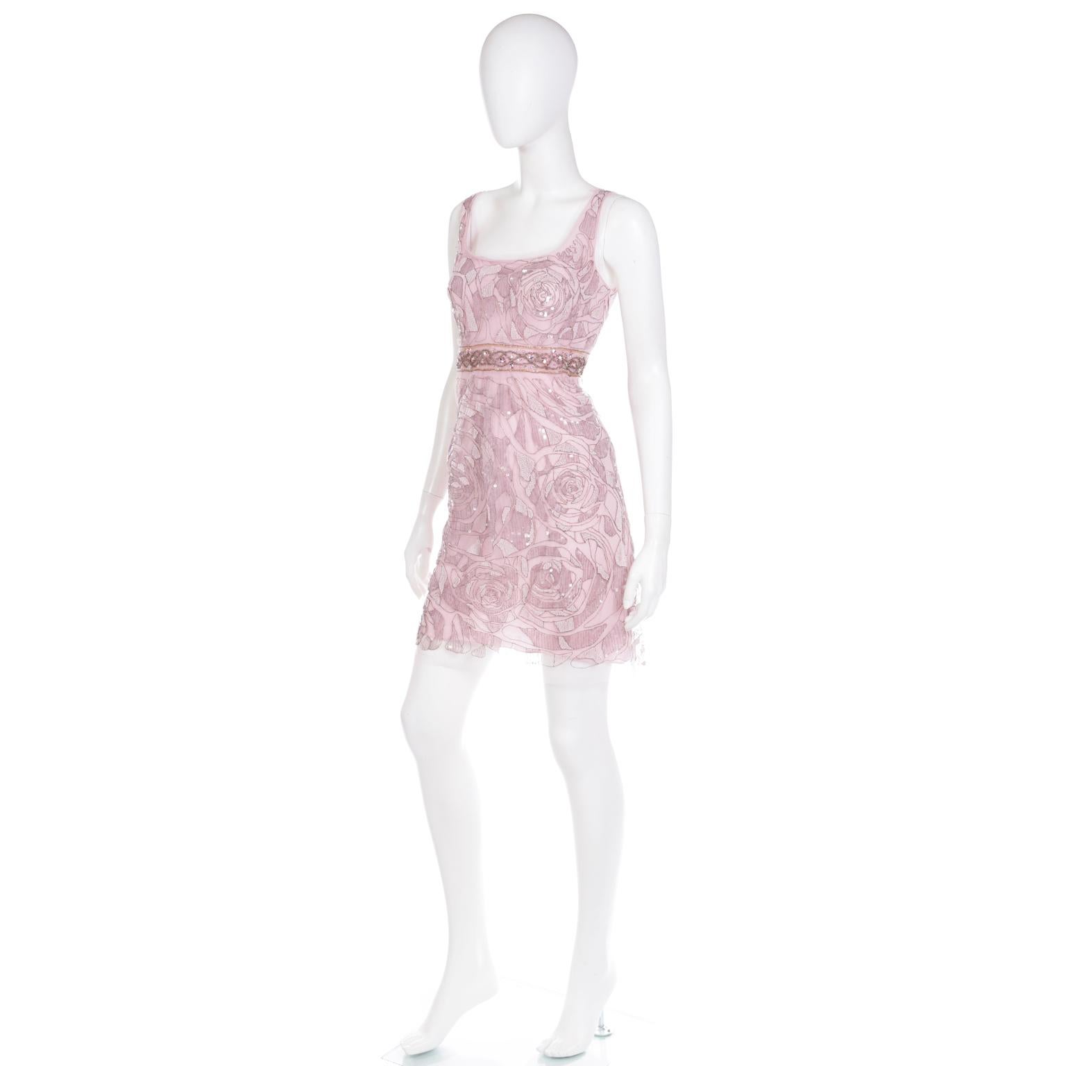 Women's 2000s Ungaro Rose Pink Beaded Sequin Evening Dress w Pink Crystals For Sale