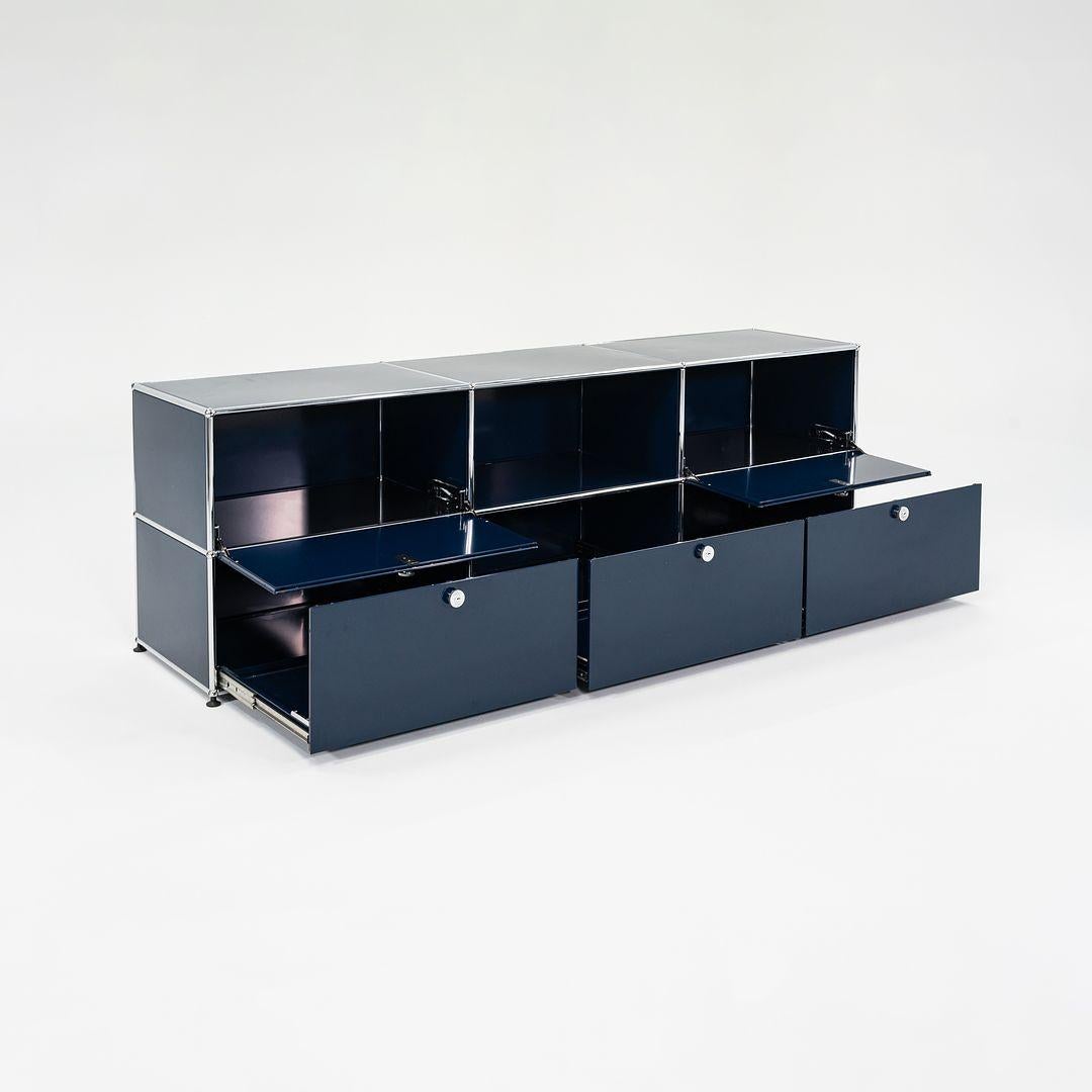 2000s USM Haller Credenza / Cabinet Unit 2x3 Chrome & Steel Blue 90x30x20 inches For Sale 2