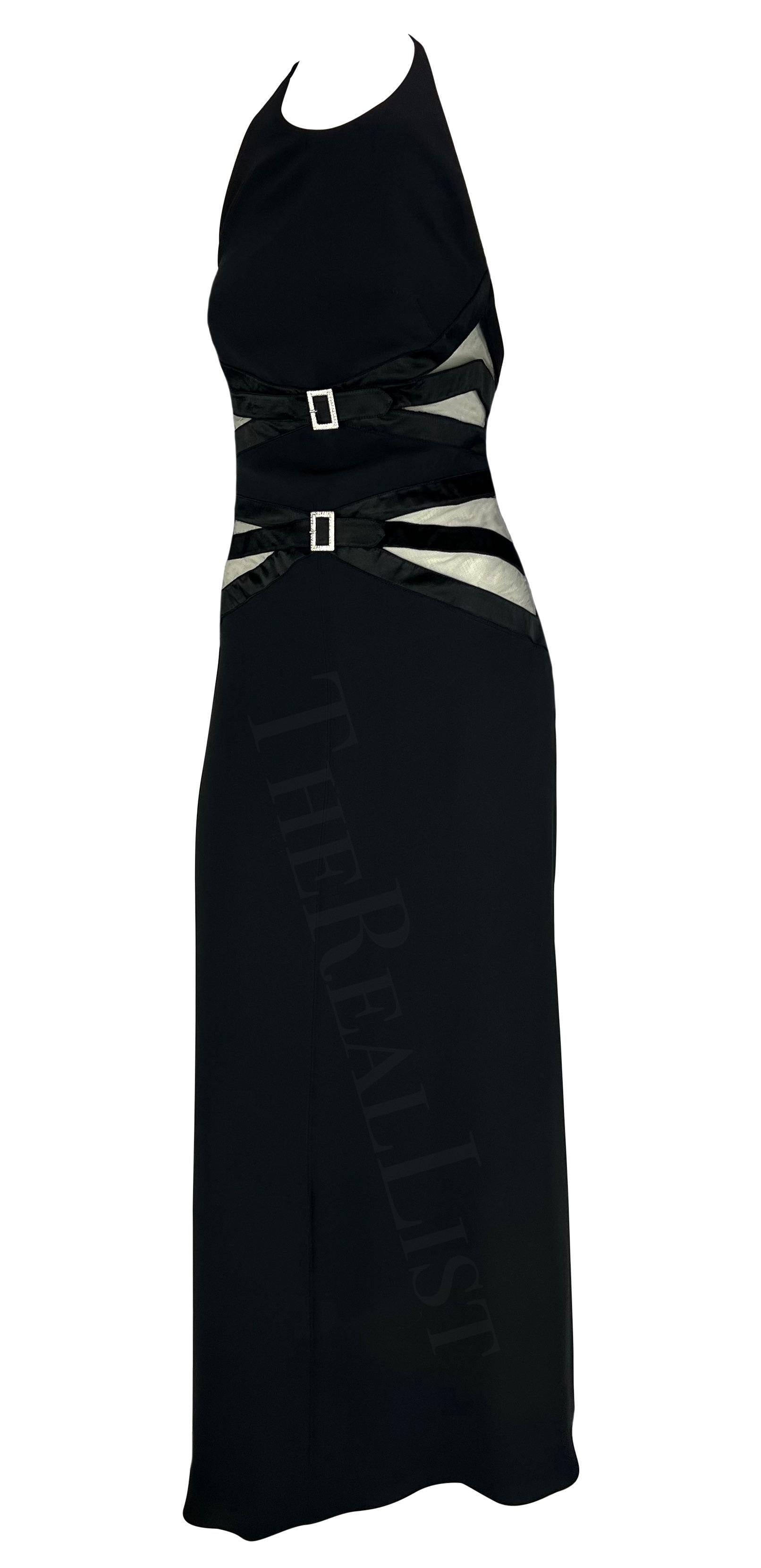2000s Valentino Vestido negro con paneles transparentes, cuello alto y hebilla de strass Negro en venta