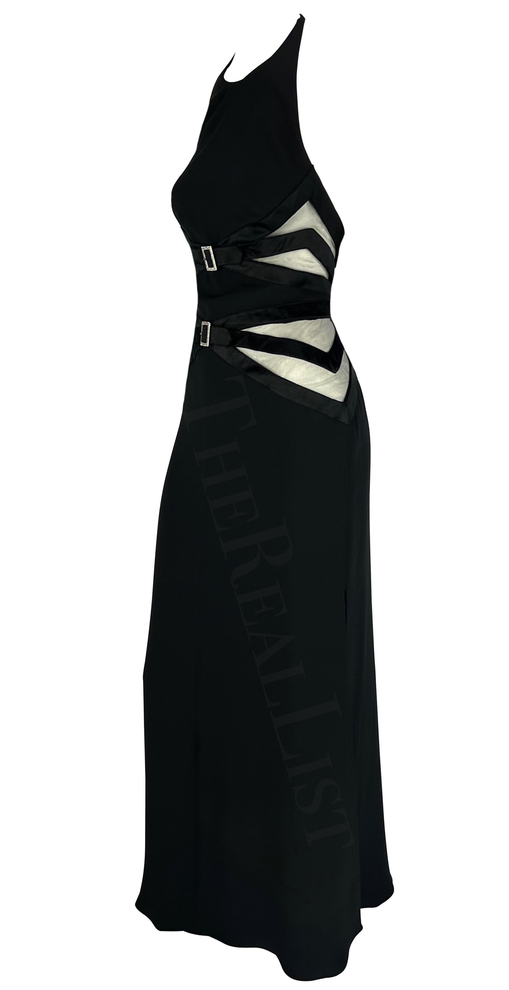 Women's 2000s Valentino Black Sheer Panel Halterneck Rhinestone Buckle Gown For Sale