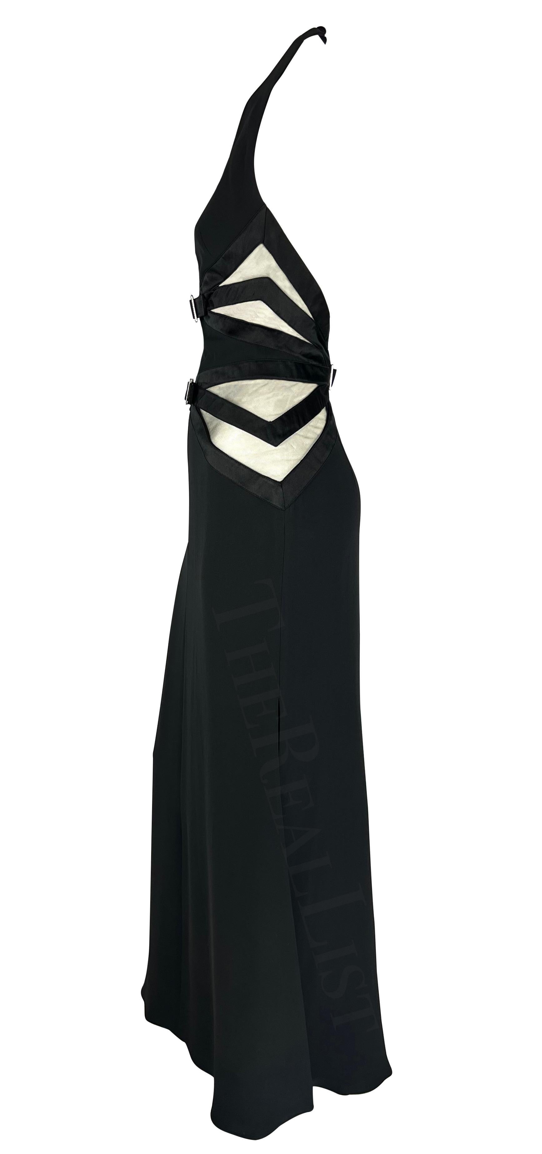 2000s Valentino Black Sheer Panel Halterneck Rhinestone Buckle Gown For Sale 1