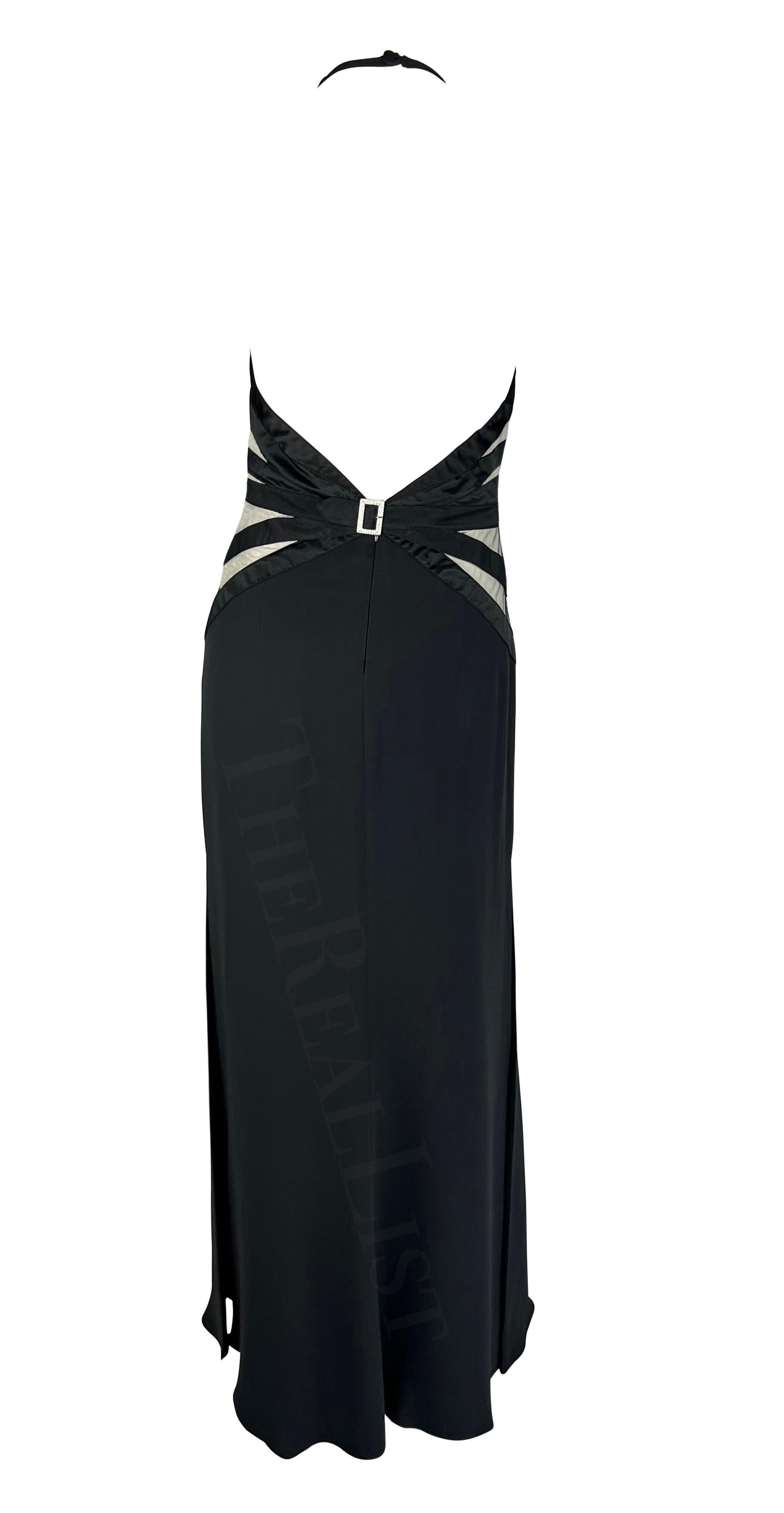 2000s Valentino Black Sheer Panel Halterneck Rhinestone Buckle Gown For Sale 2