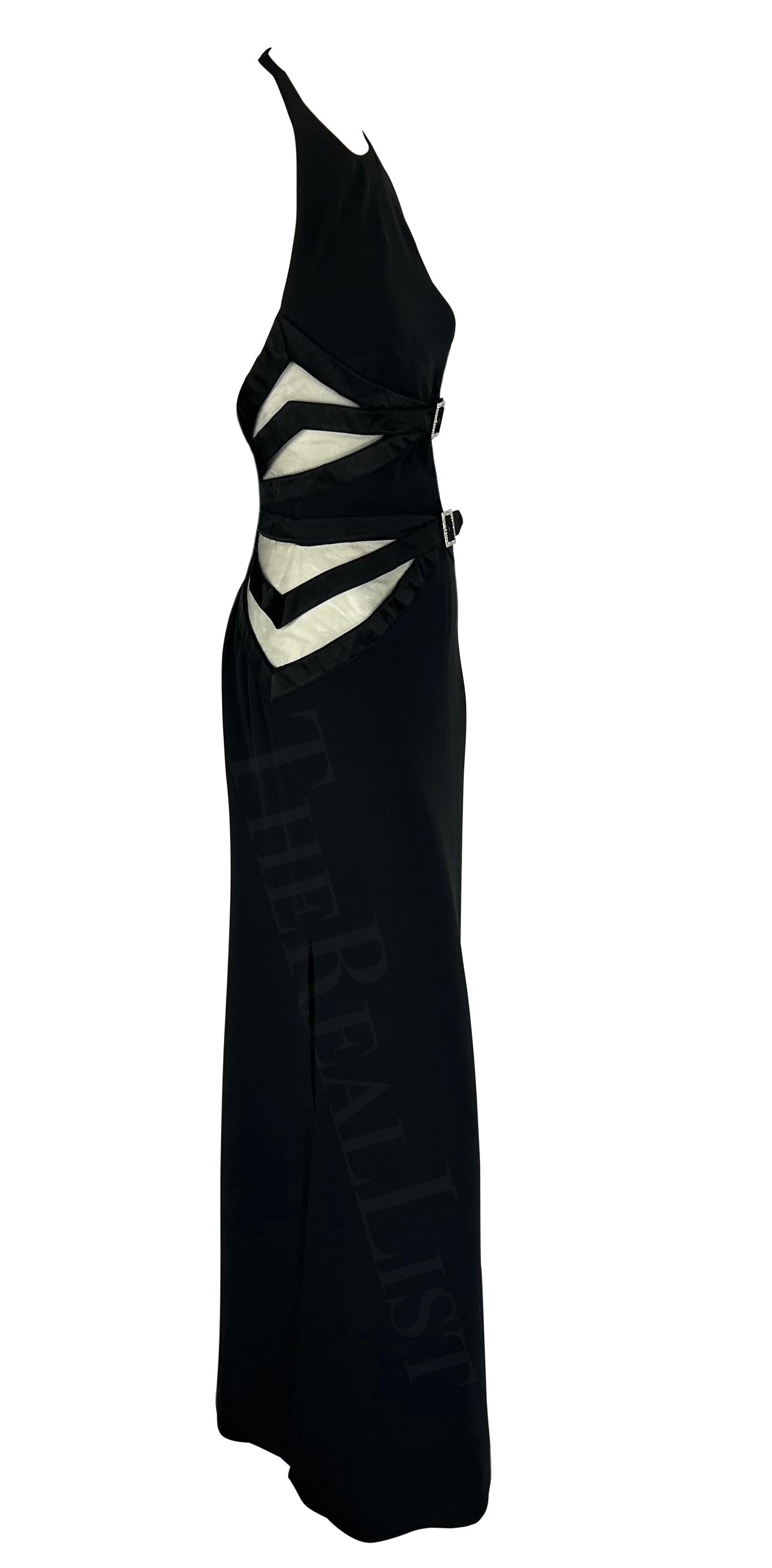 2000s Valentino Black Sheer Panel Halterneck Rhinestone Buckle Gown For Sale 3