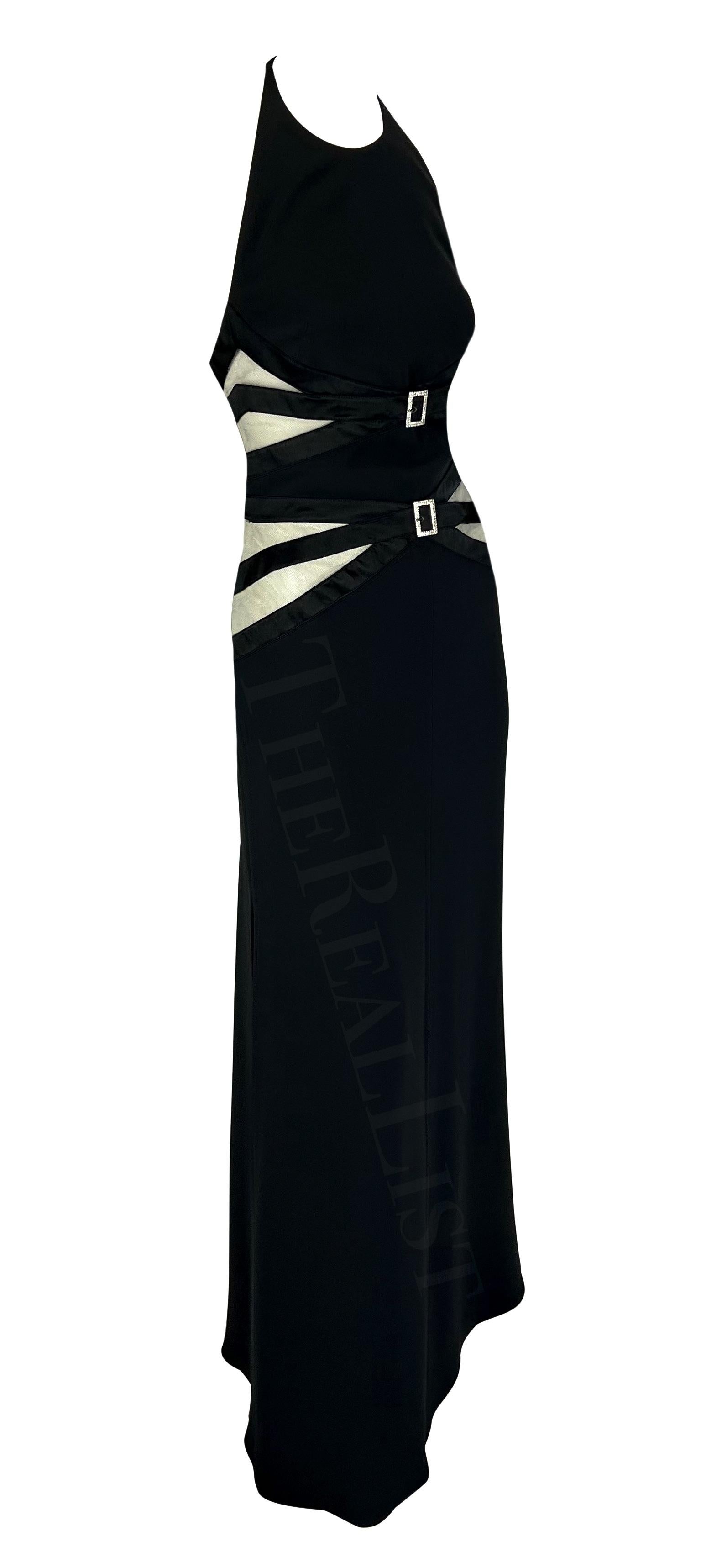 2000s Valentino Black Sheer Panel Halterneck Rhinestone Buckle Gown For Sale 4