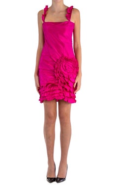 2000S VALENTINO Fuchia Silk Taffeta Floral Applique Cocktail Dress With Ruffle