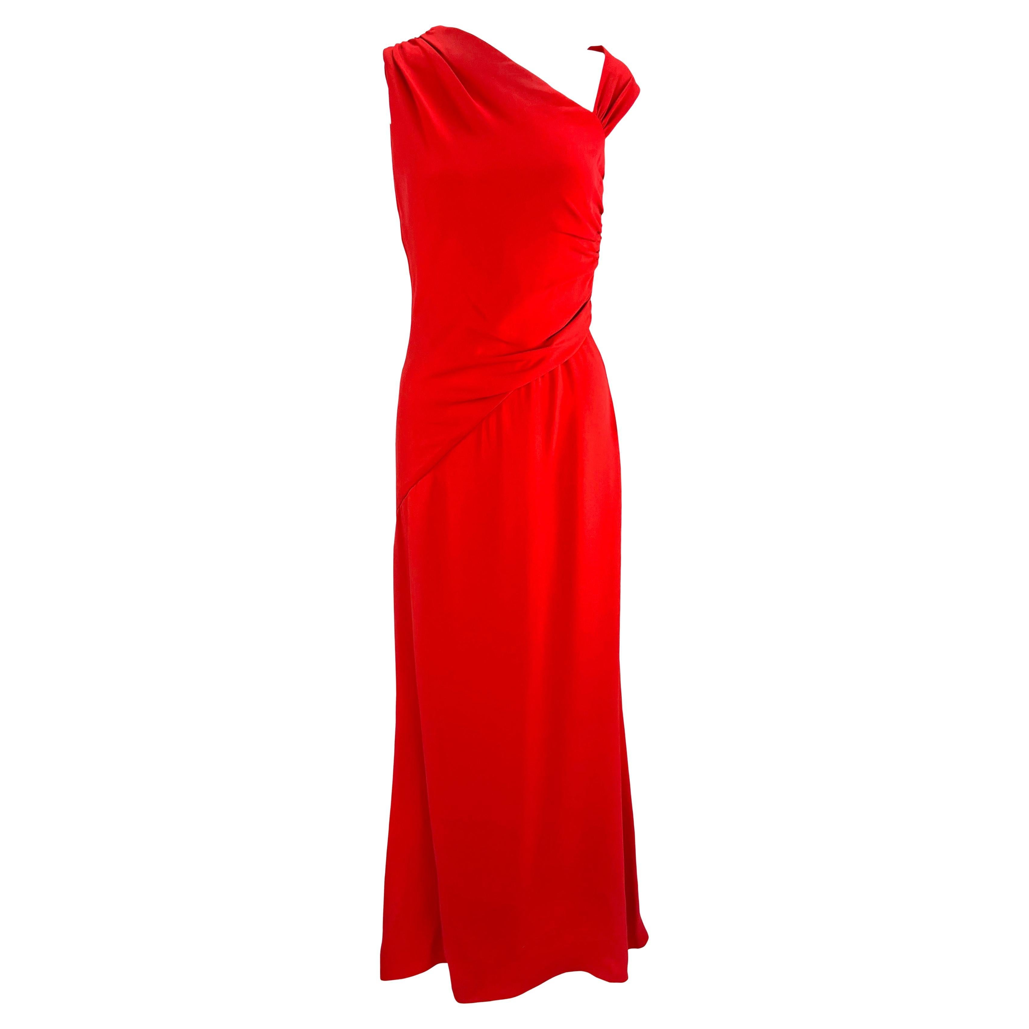 2000s Valentino Garavani Asymmetric Sleeveless Red Silk Gown For Sale