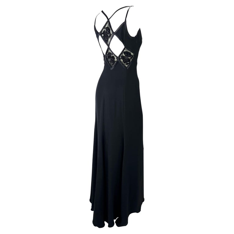 Women's 2000s Valentino Garavani Black Diamond Cutout Floral Beaded Gown Y2K For Sale