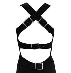 2000s Valentino Garavani Black Linen Backless Rhinestone Buckle Midi Dress