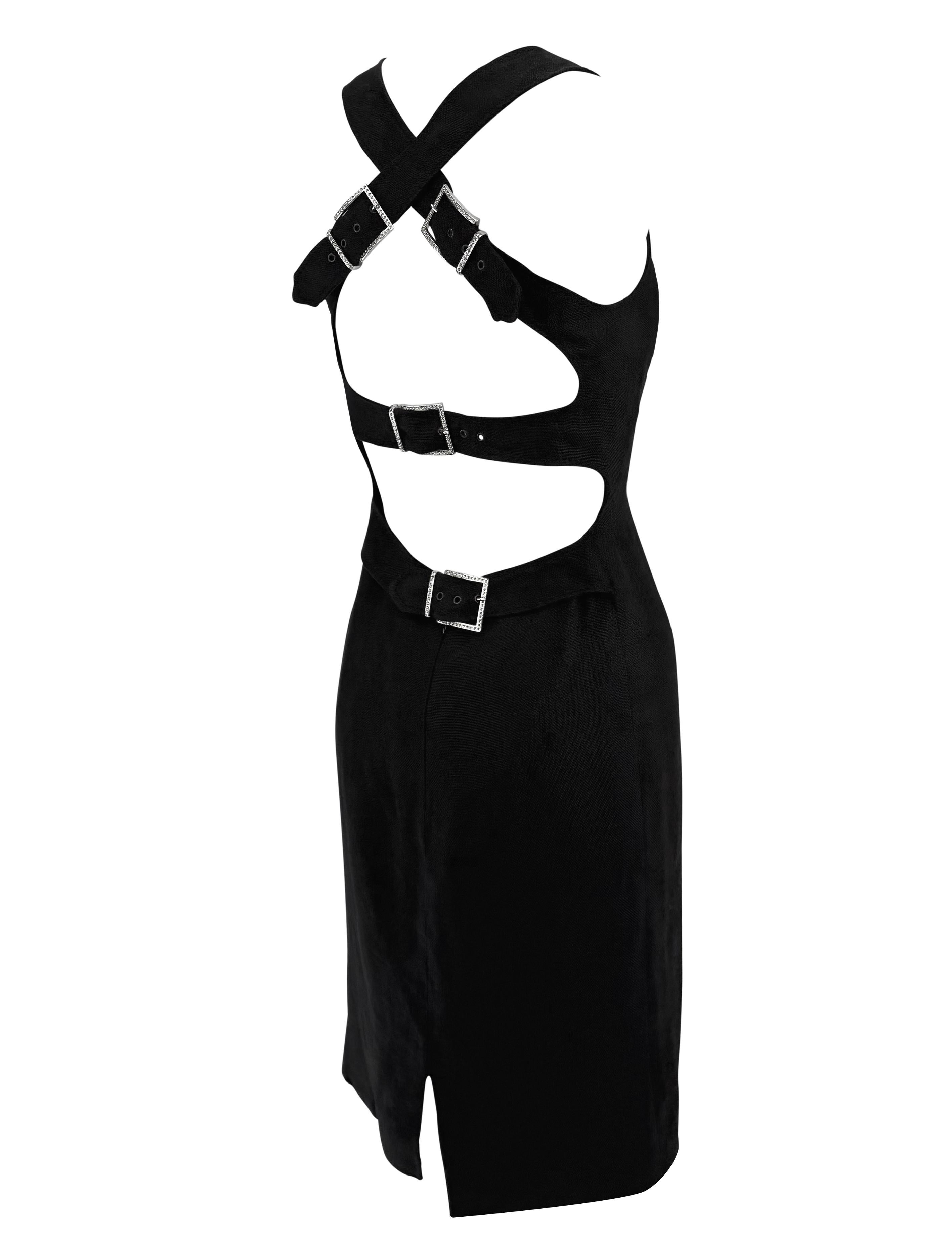 2000s Valentino Garavani Black Linen Backless Rhinestone Buckle Midi Dress In Excellent Condition For Sale In West Hollywood, CA