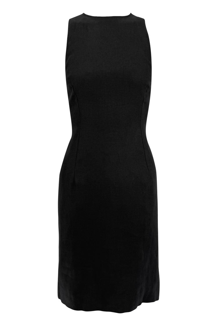 2000s Valentino Garavani Black Linen Backless Rhinestone Buckle Midi Dress  For Sale at 1stDibs