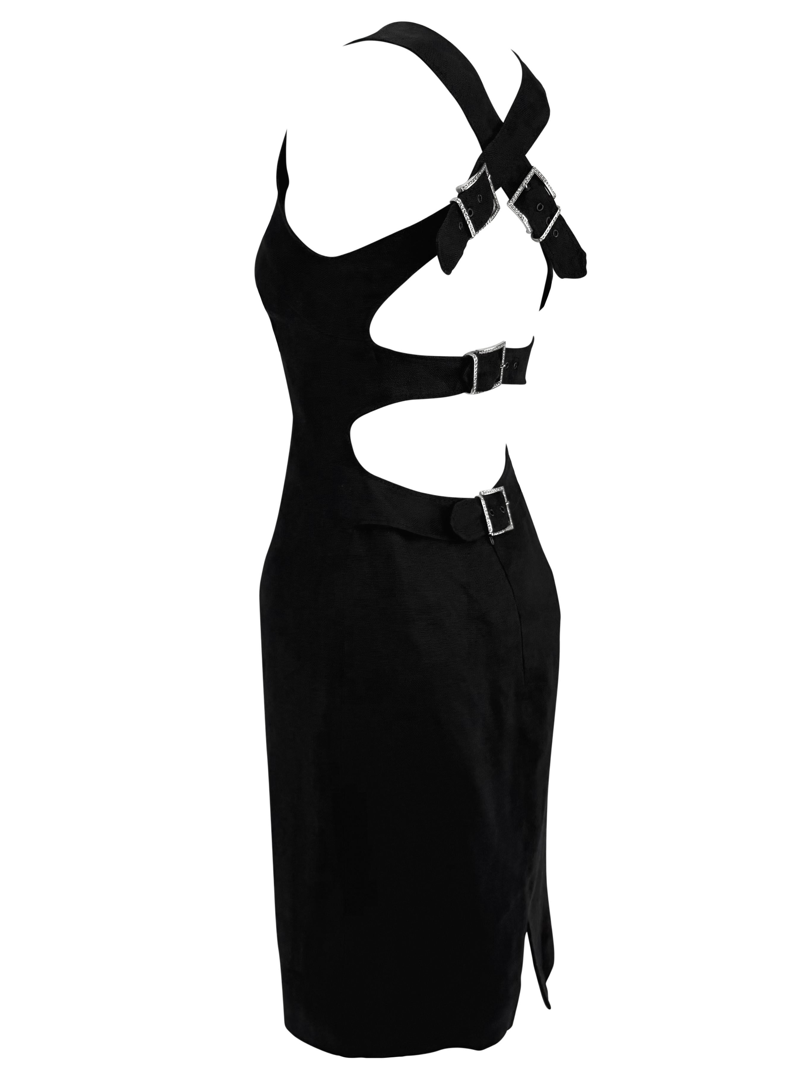 2000s Valentino Garavani Black Linen Backless Rhinestone Buckle Midi Dress For Sale 3